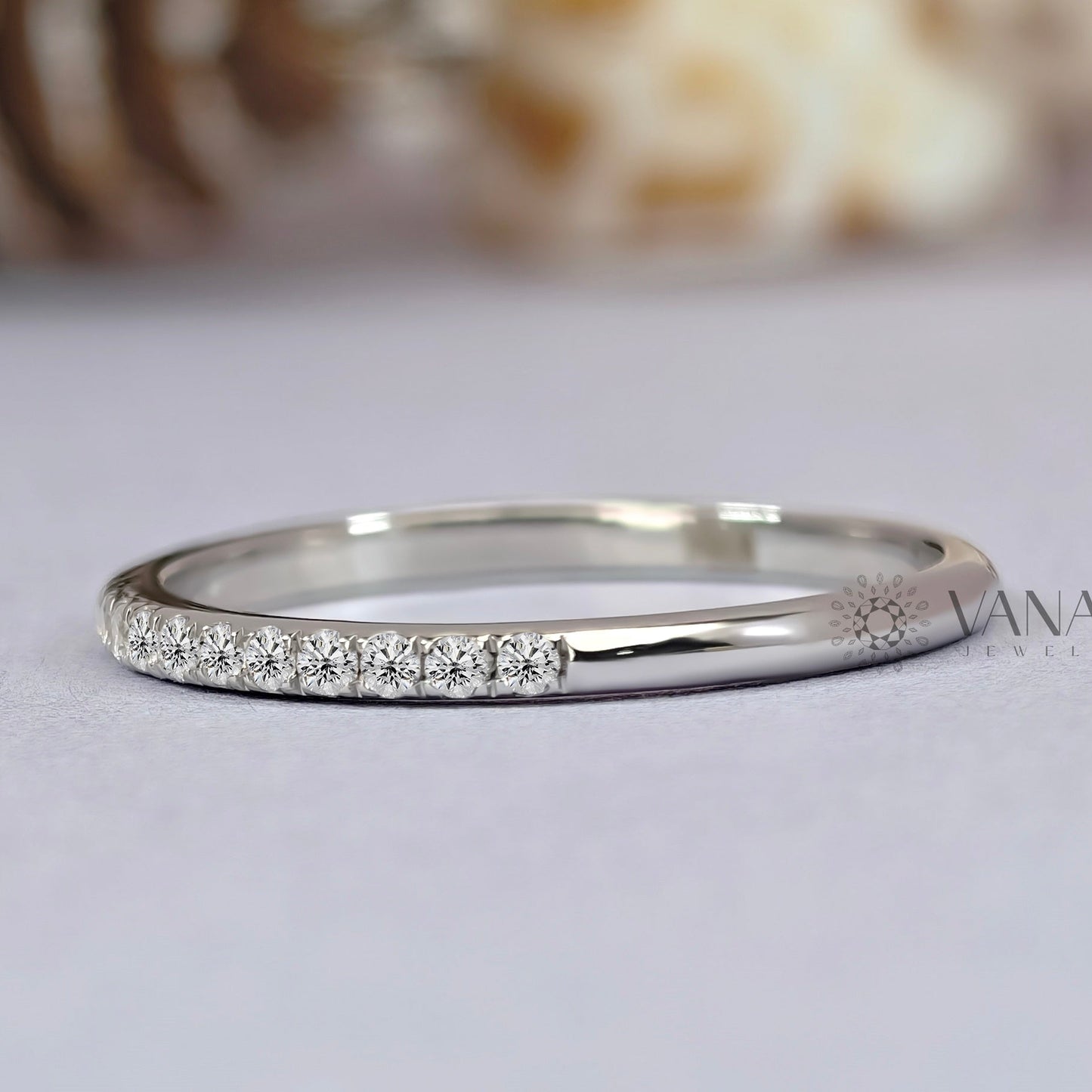 Round Cut Moissanite Wedding Band, White Gold Stackable Pave Eternity Ring
