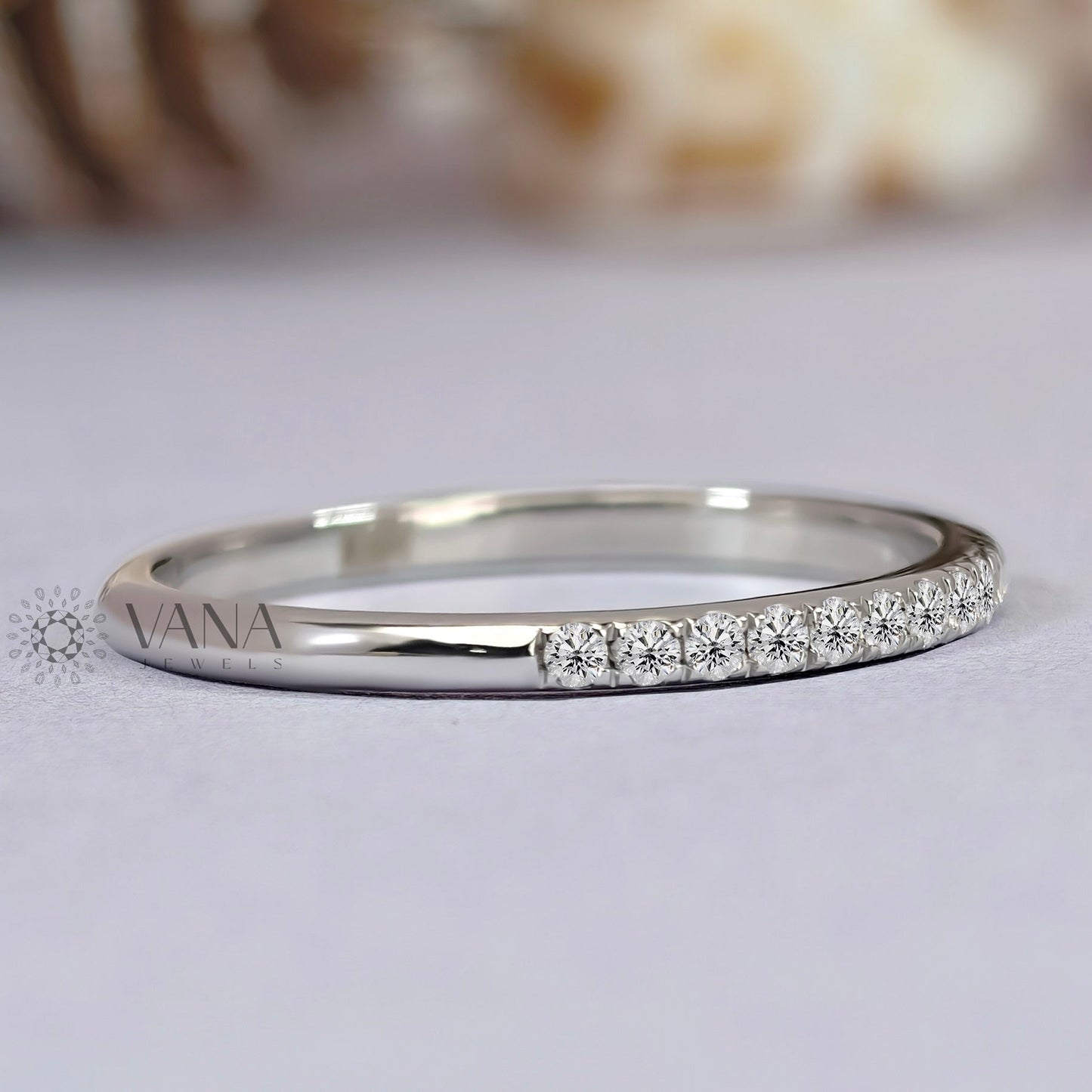 Round Cut Moissanite Wedding Band, White Gold Stackable Pave Eternity Ring
