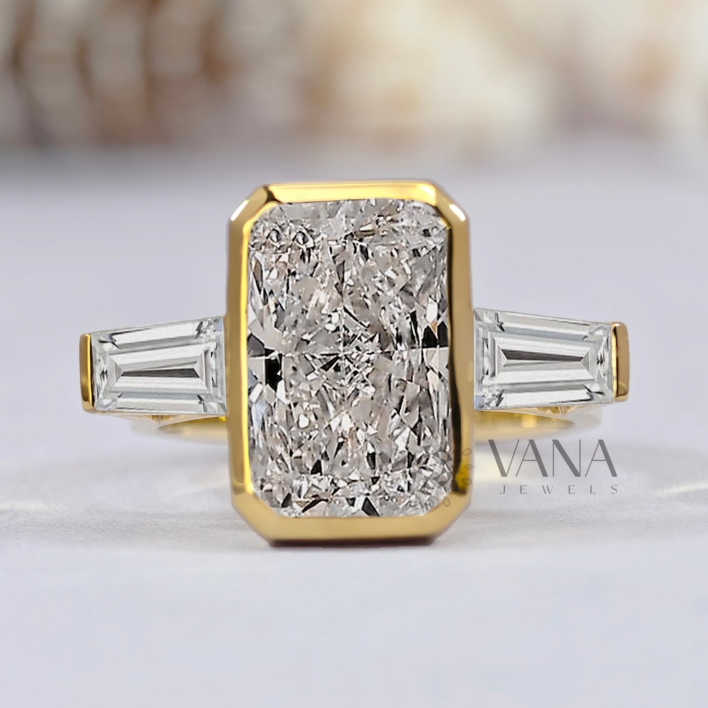 Radiant Cut Moissanite Engagement Ring with Tapered Baguette Side Stones in 14K Gold