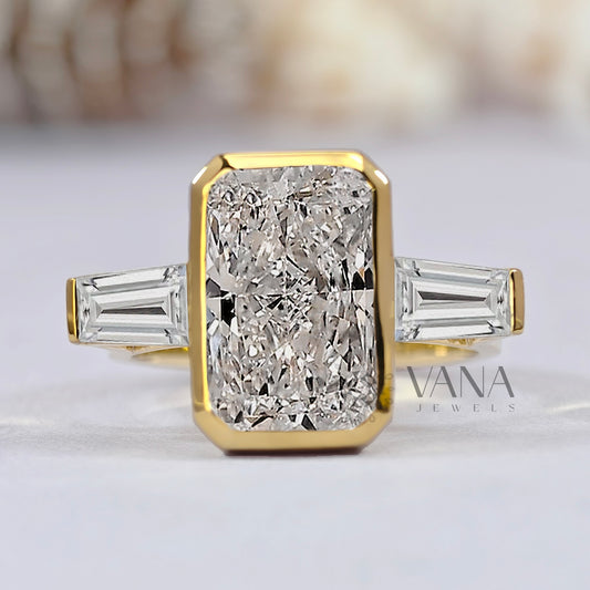 Radiant Cut Moissanite Engagement Ring with Tapered Baguette Side Stones in 14K Gold
