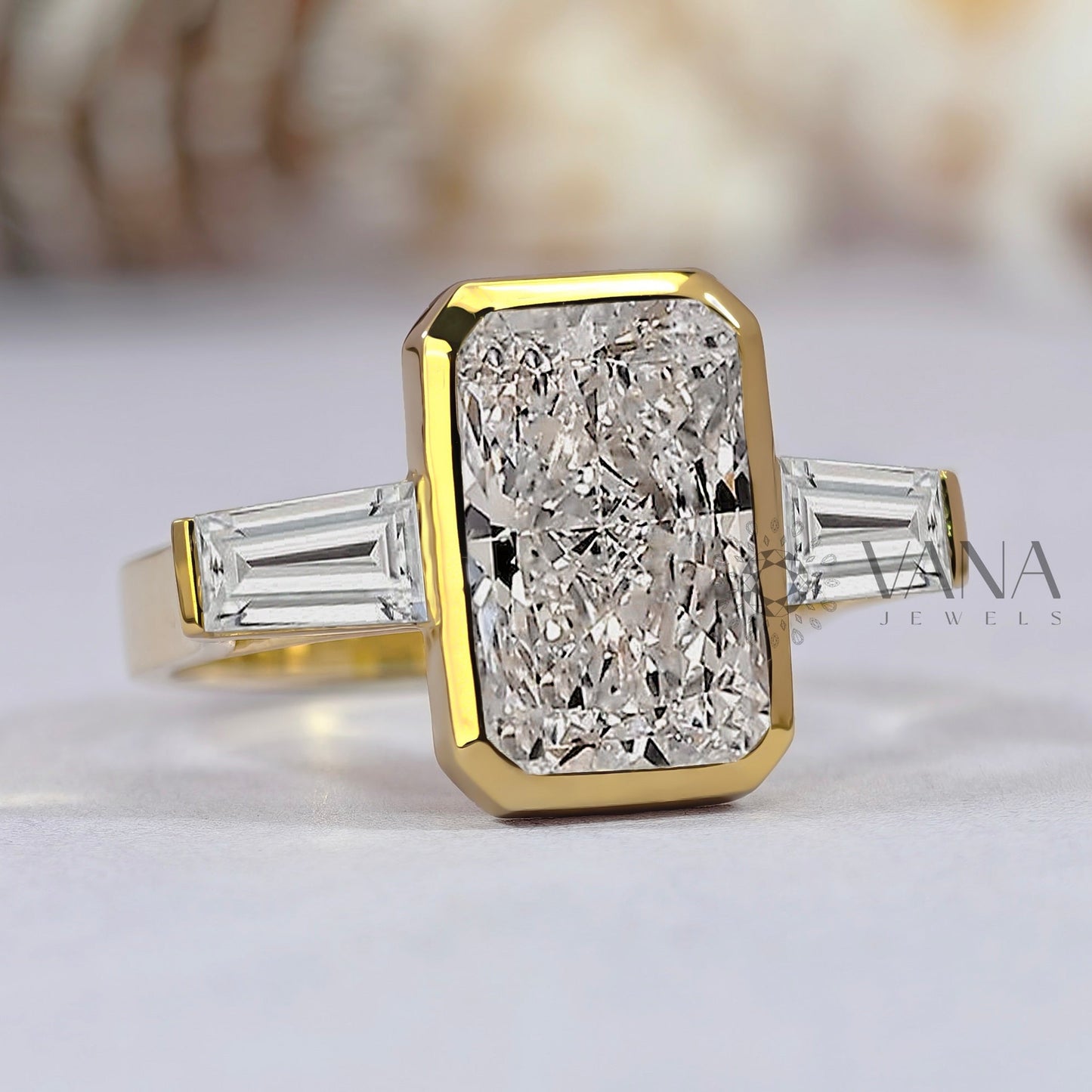 Radiant Cut Moissanite Engagement Ring with Tapered Baguette Side Stones in 14K Gold