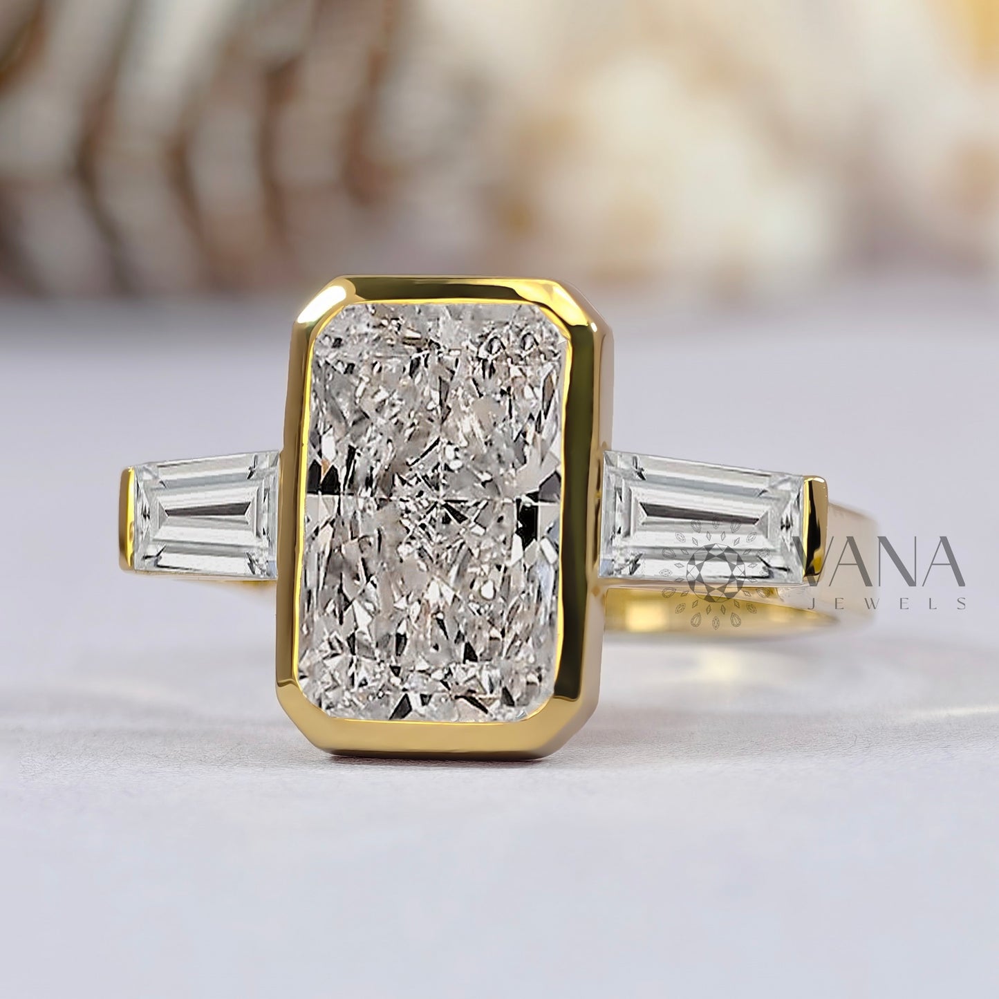 Radiant Cut Moissanite Engagement Ring with Tapered Baguette Side Stones in 14K Gold