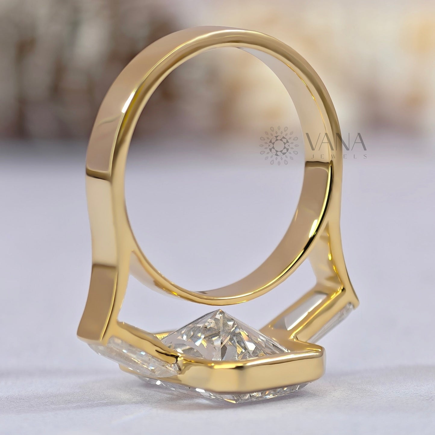 Radiant Cut Moissanite Engagement Ring with Tapered Baguette Side Stones in 14K Gold