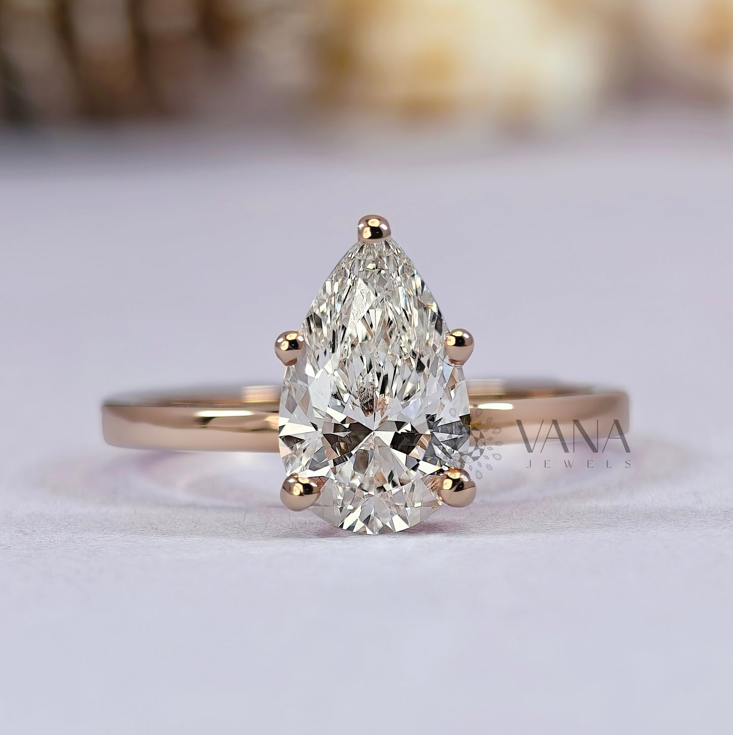 Pear Cut Moissanite Engagement Solitaire Ring in Rose Gold Five Prong setting