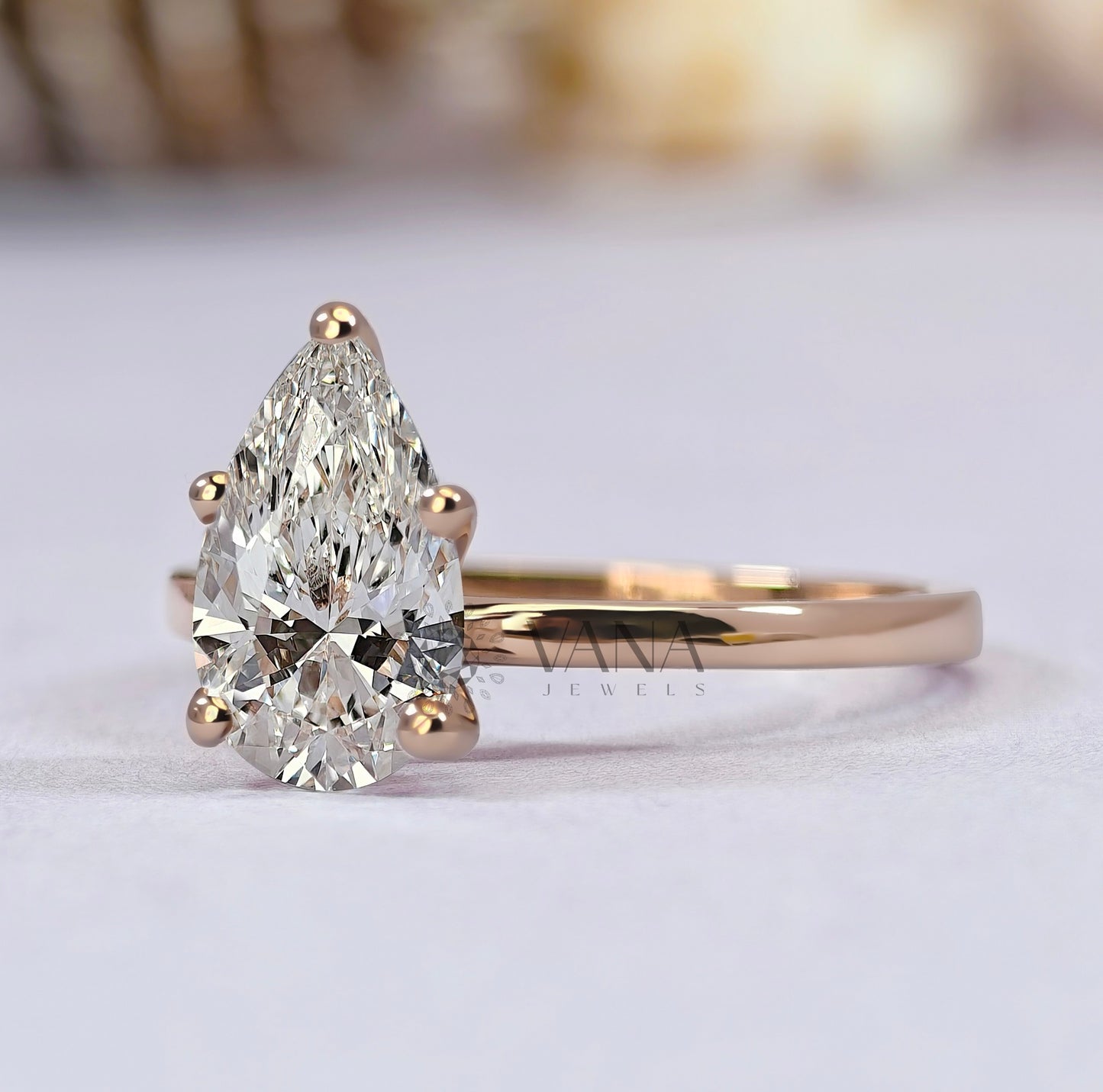 Pear Cut Moissanite Engagement Solitaire Ring in Rose Gold Five Prong setting