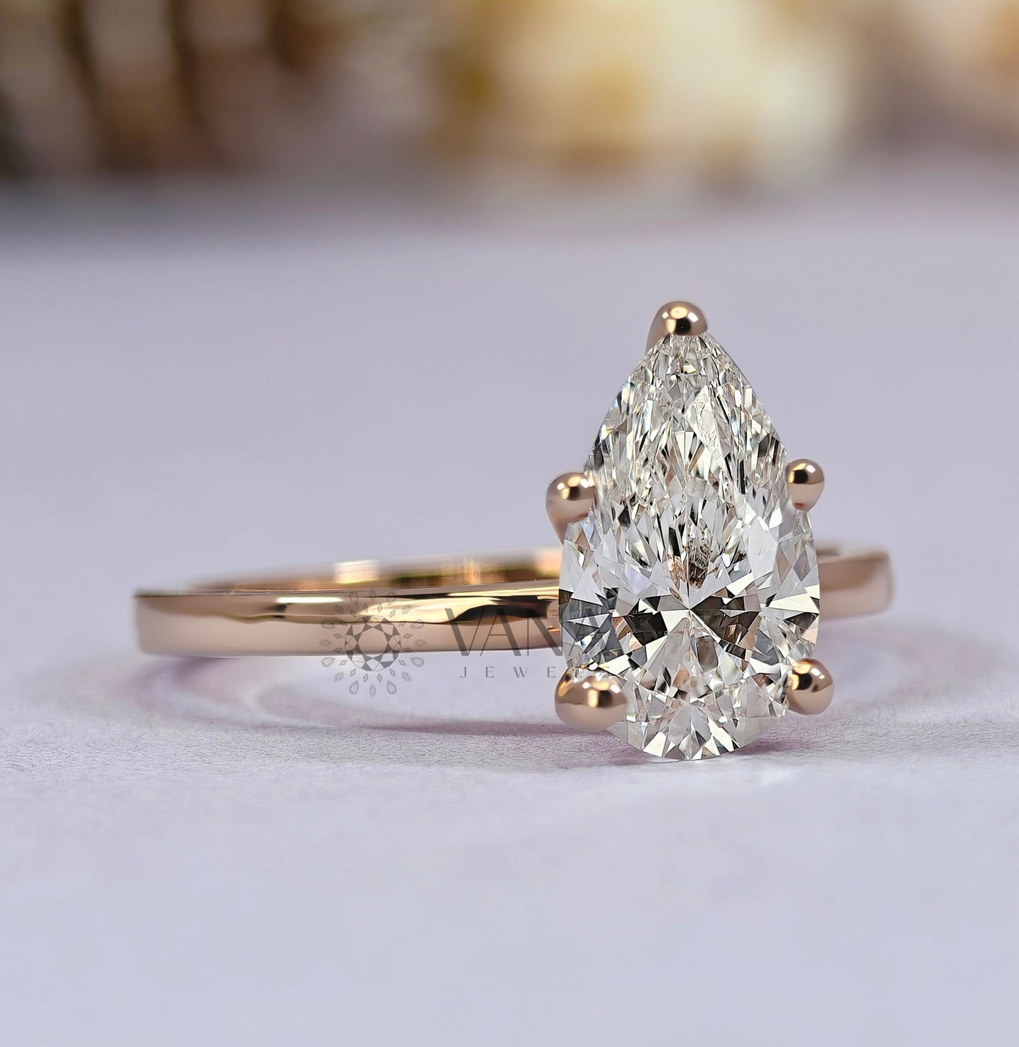Pear Cut Moissanite Engagement Solitaire Ring in Rose Gold Five Prong setting
