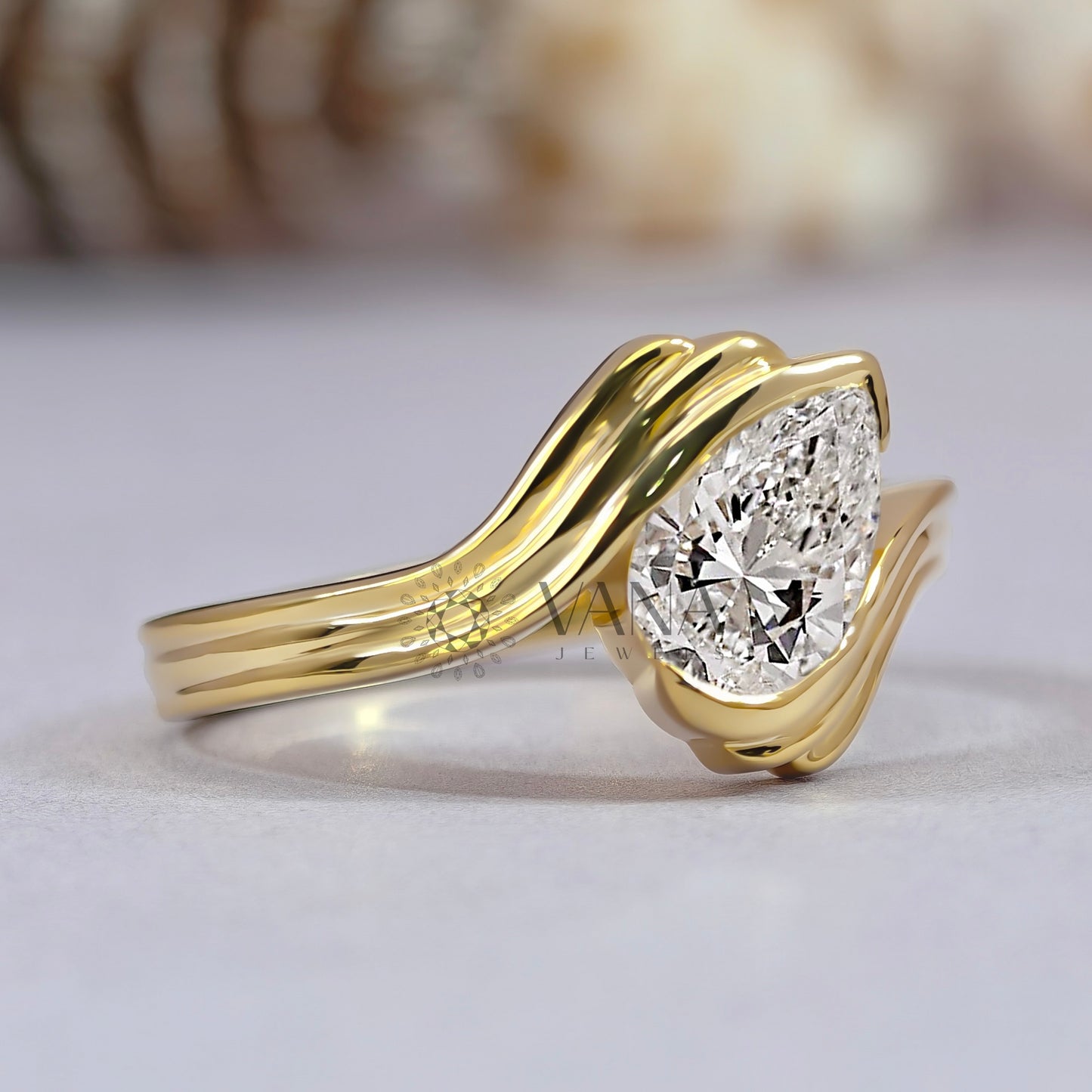 Pear Cut Moissanite Solitaire Engagement Ring with Half Bezel Set Bypass Shank
