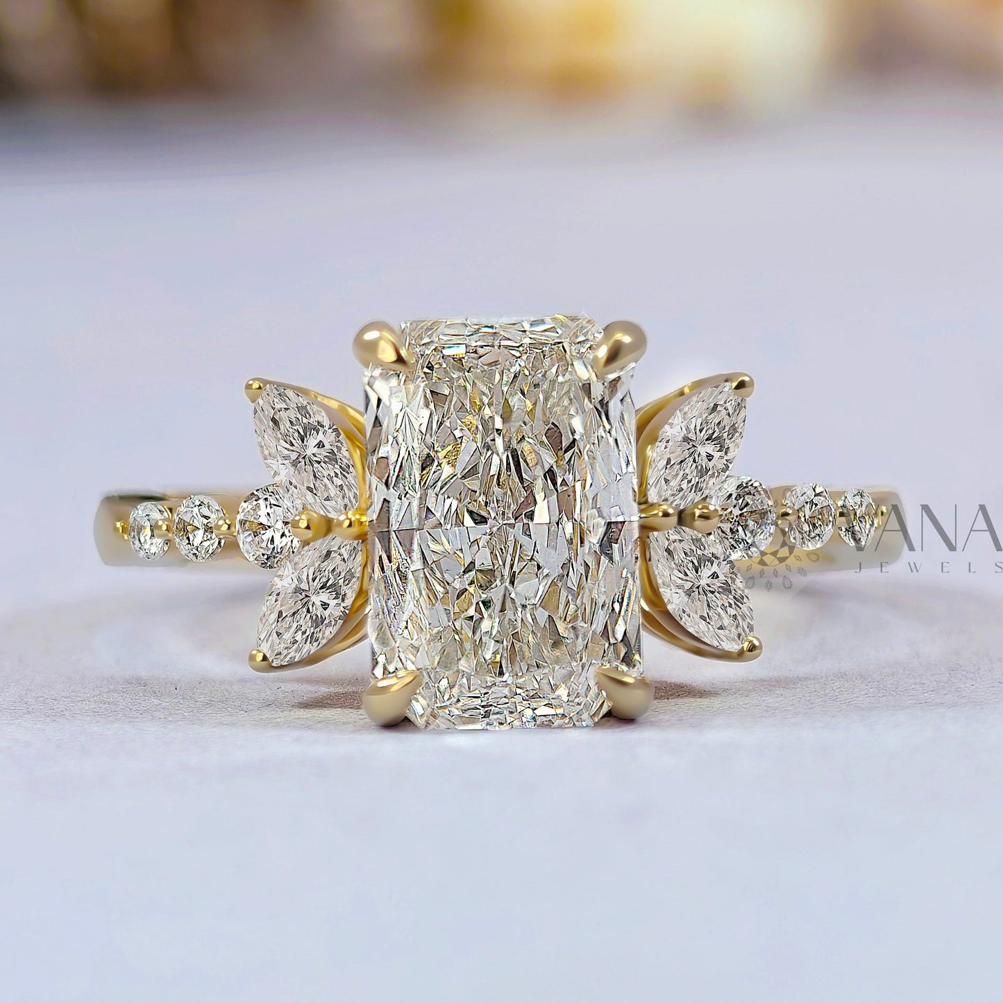 Radiant Cut Moissanite Engagement Ring with Floral Marquise Design in Yellow Gold