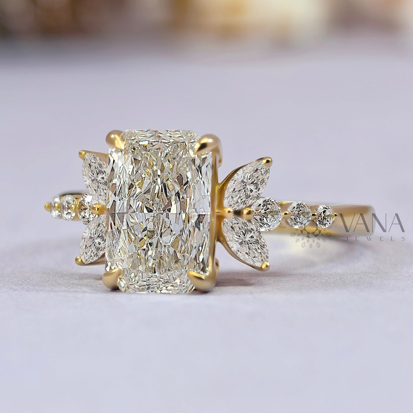 Radiant Cut Moissanite Engagement Ring with Floral Marquise Design in Yellow Gold