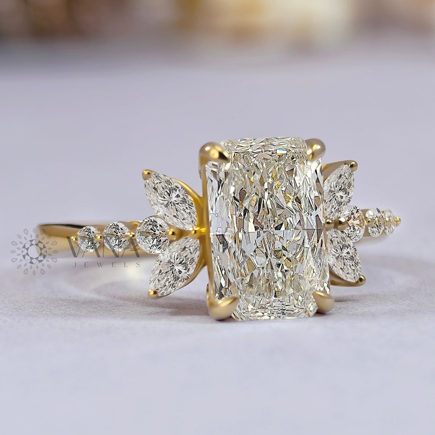 Radiant Cut Moissanite Engagement Ring with Floral Marquise Design in Yellow Gold