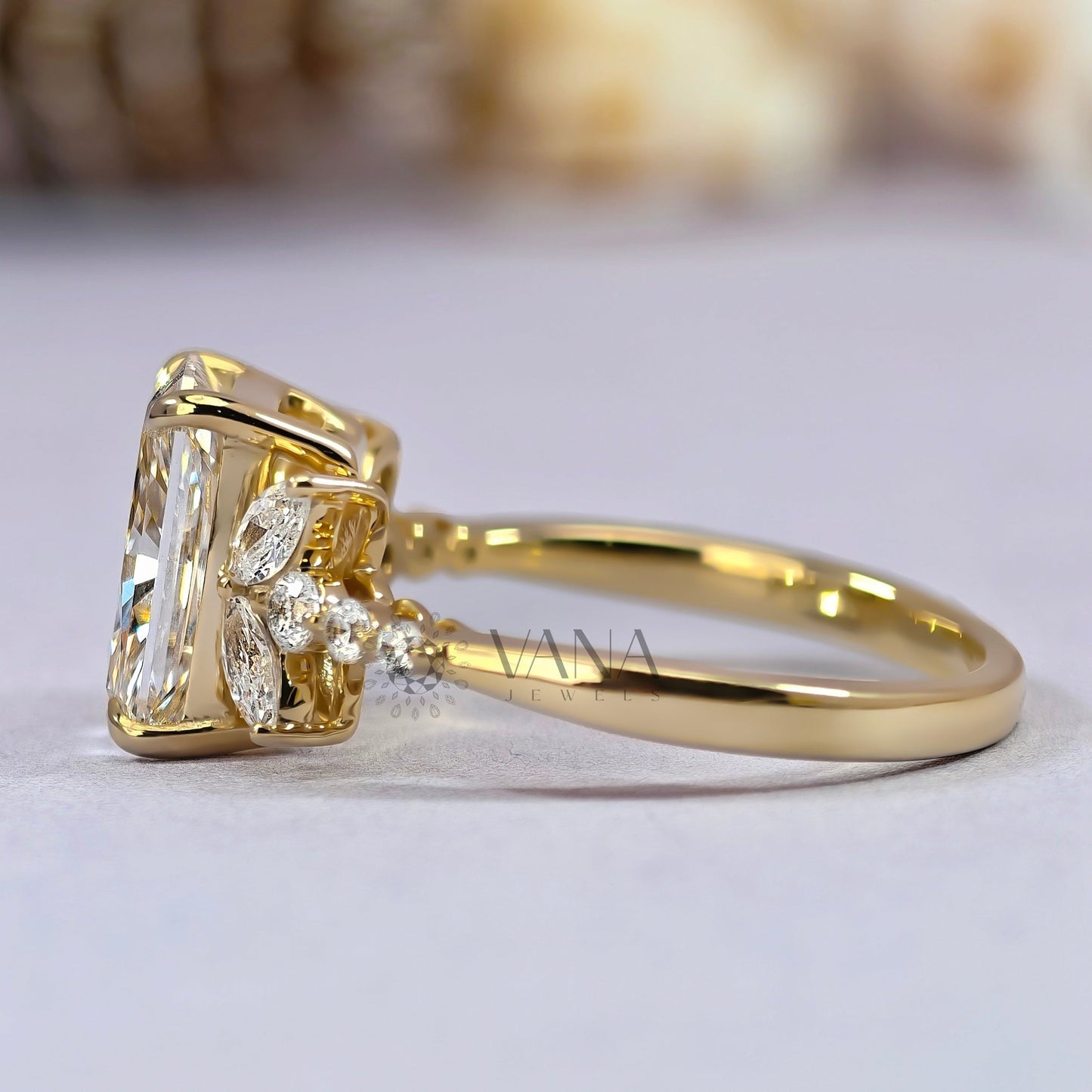 Radiant Cut Moissanite Engagement Ring with Floral Marquise Design in Yellow Gold