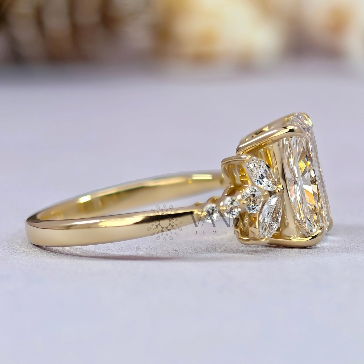 Radiant Cut Moissanite Engagement Ring with Floral Marquise Design in Yellow Gold
