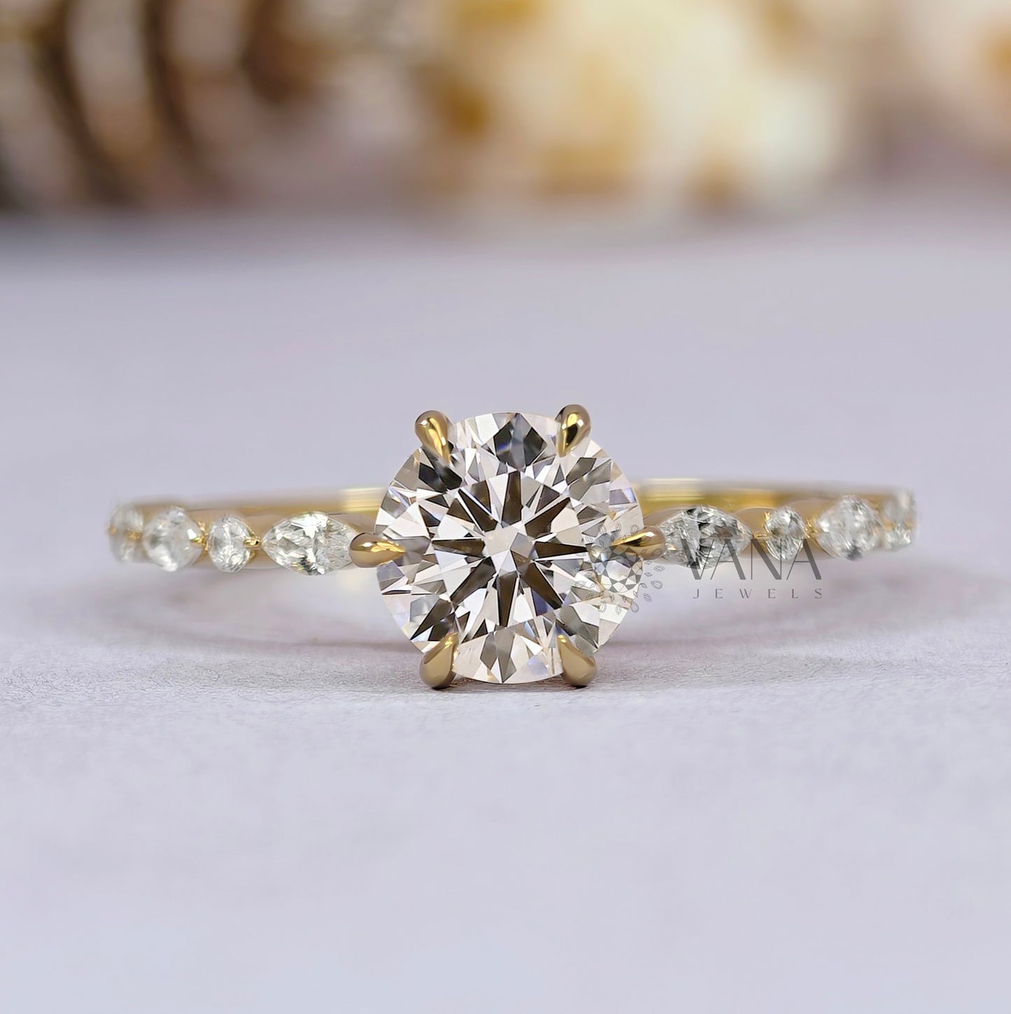 Six Claw Prong Set Round Moissanite Engagement Ring with Marquise and Round Side Stones