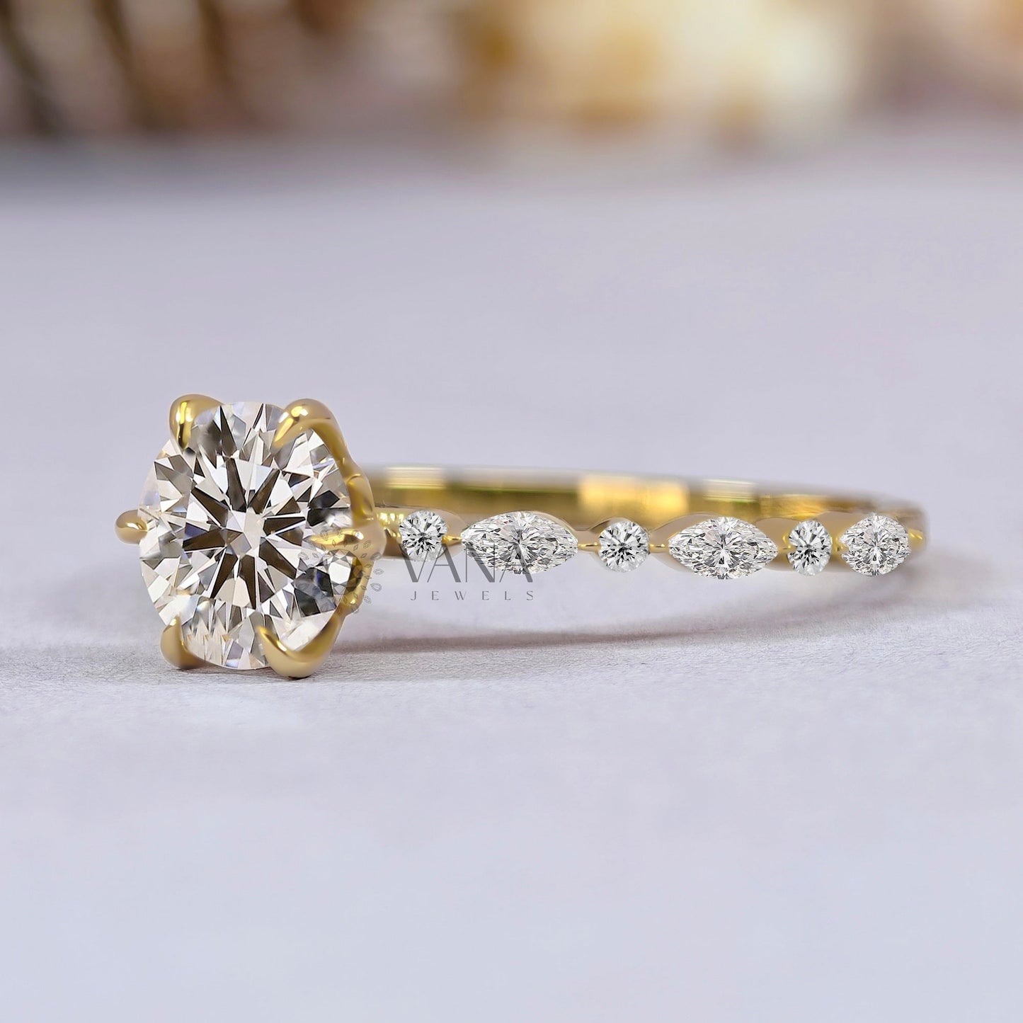 Six Claw Prong Set Round Moissanite Engagement Ring with Marquise and Round Side Stones
