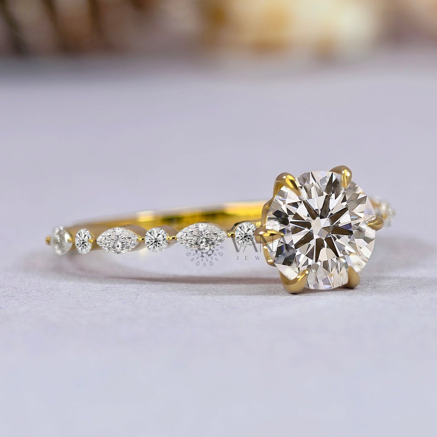 Six Claw Prong Set Round Moissanite Engagement Ring with Marquise and Round Side Stones