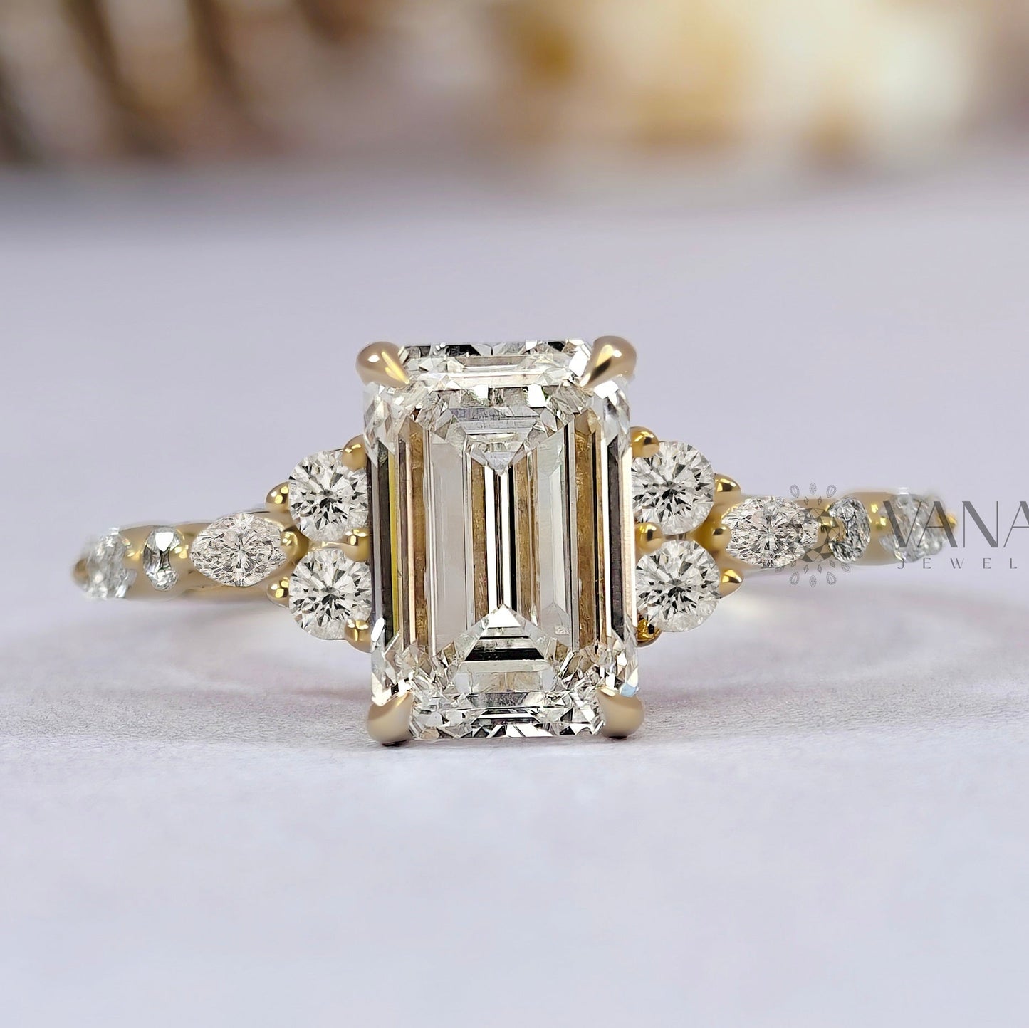 Emerald Cut Moissanite Engagement Ring with Marquise and Round Side Stones