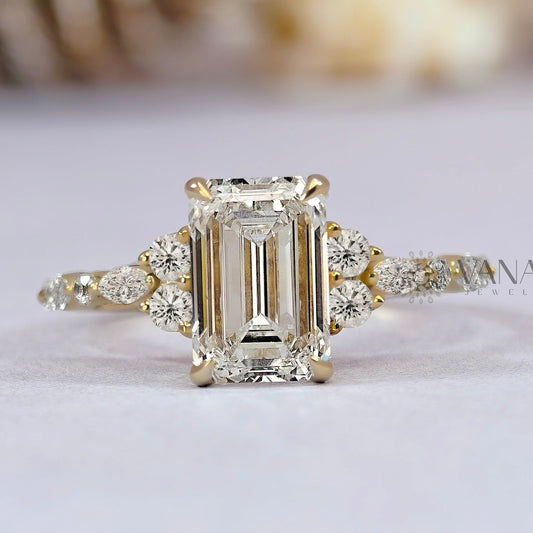 Emerald Cut Moissanite Engagement Ring with Marquise and Round Side Stones