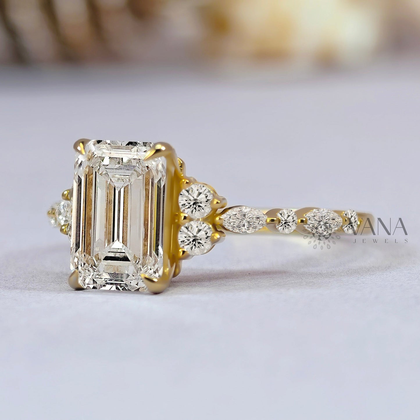 Emerald Cut Moissanite Engagement Ring with Marquise and Round Side Stones
