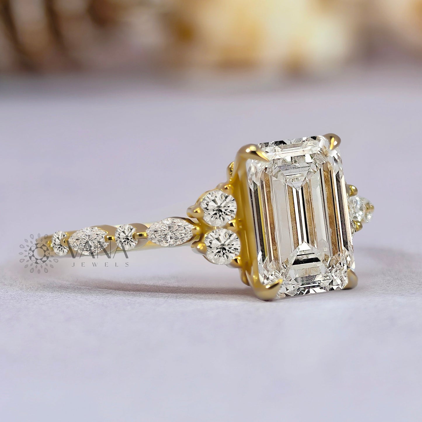 Emerald Cut Moissanite Engagement Ring with Marquise and Round Side Stones