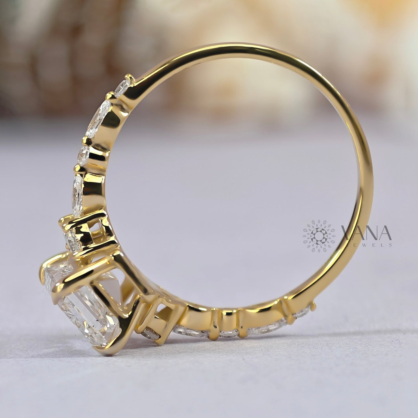 Emerald Cut Moissanite Engagement Ring with Marquise and Round Side Stones