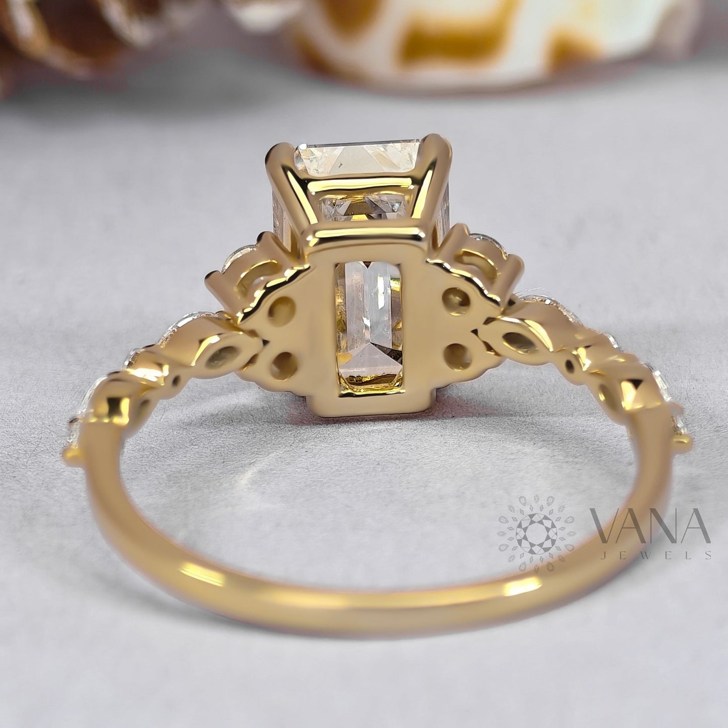 Emerald Cut Moissanite Engagement Ring with Marquise and Round Side Stones