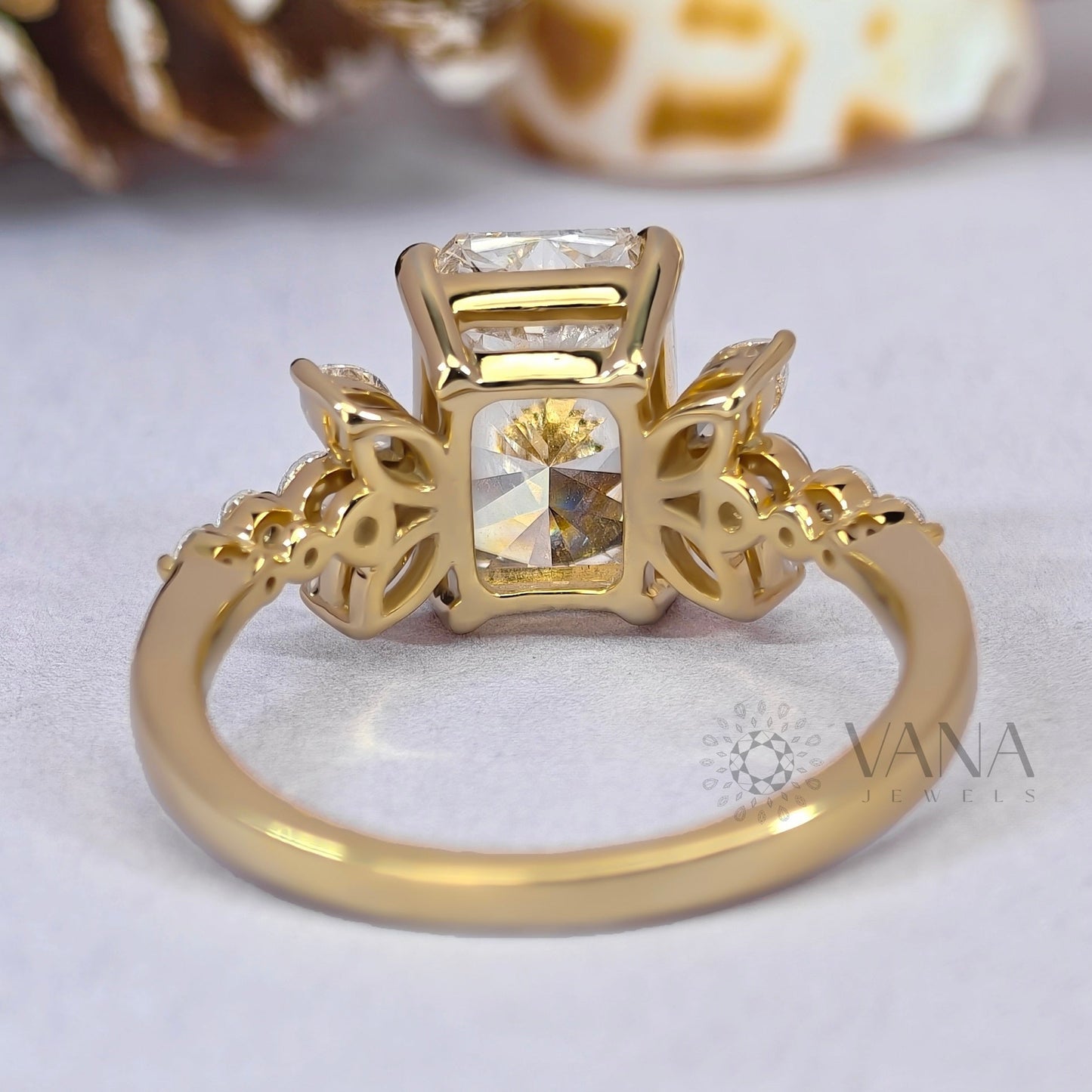 Radiant Cut Moissanite Engagement Ring with Floral Marquise Design in Yellow Gold