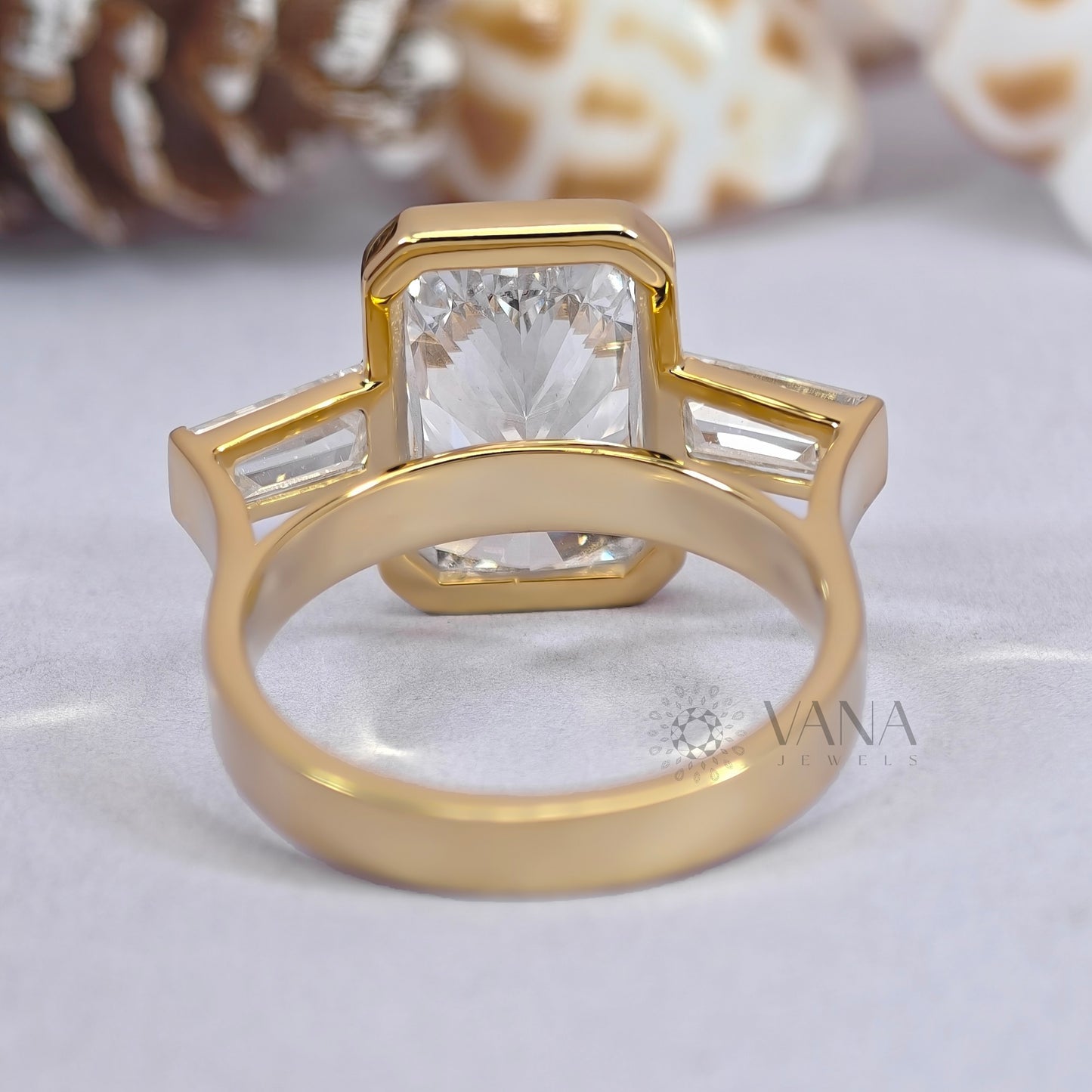 Radiant Cut Moissanite Engagement Ring with Tapered Baguette Side Stones in 14K Gold