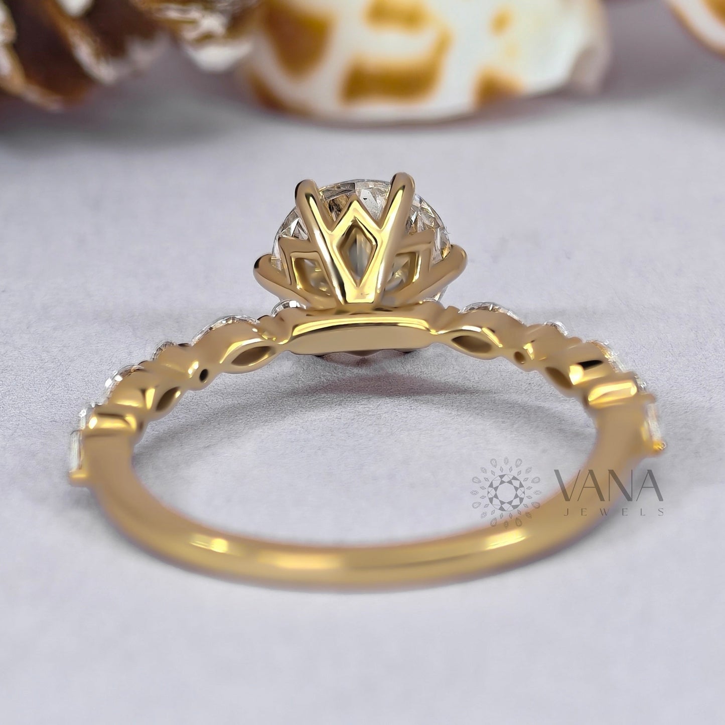 Six Claw Prong Set Round Moissanite Engagement Ring with Marquise and Round Side Stones