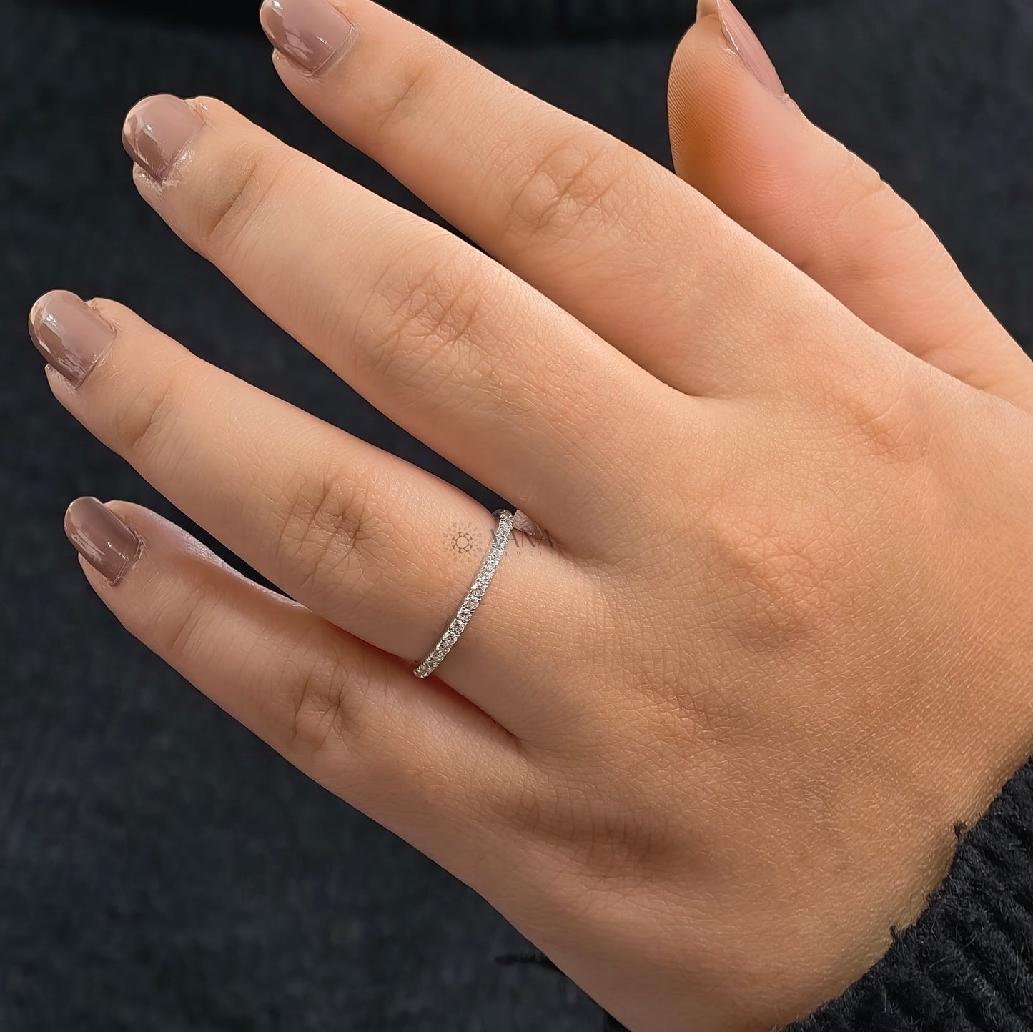 Round Cut Moissanite Wedding Band, White Gold Stackable Pave Eternity Ring