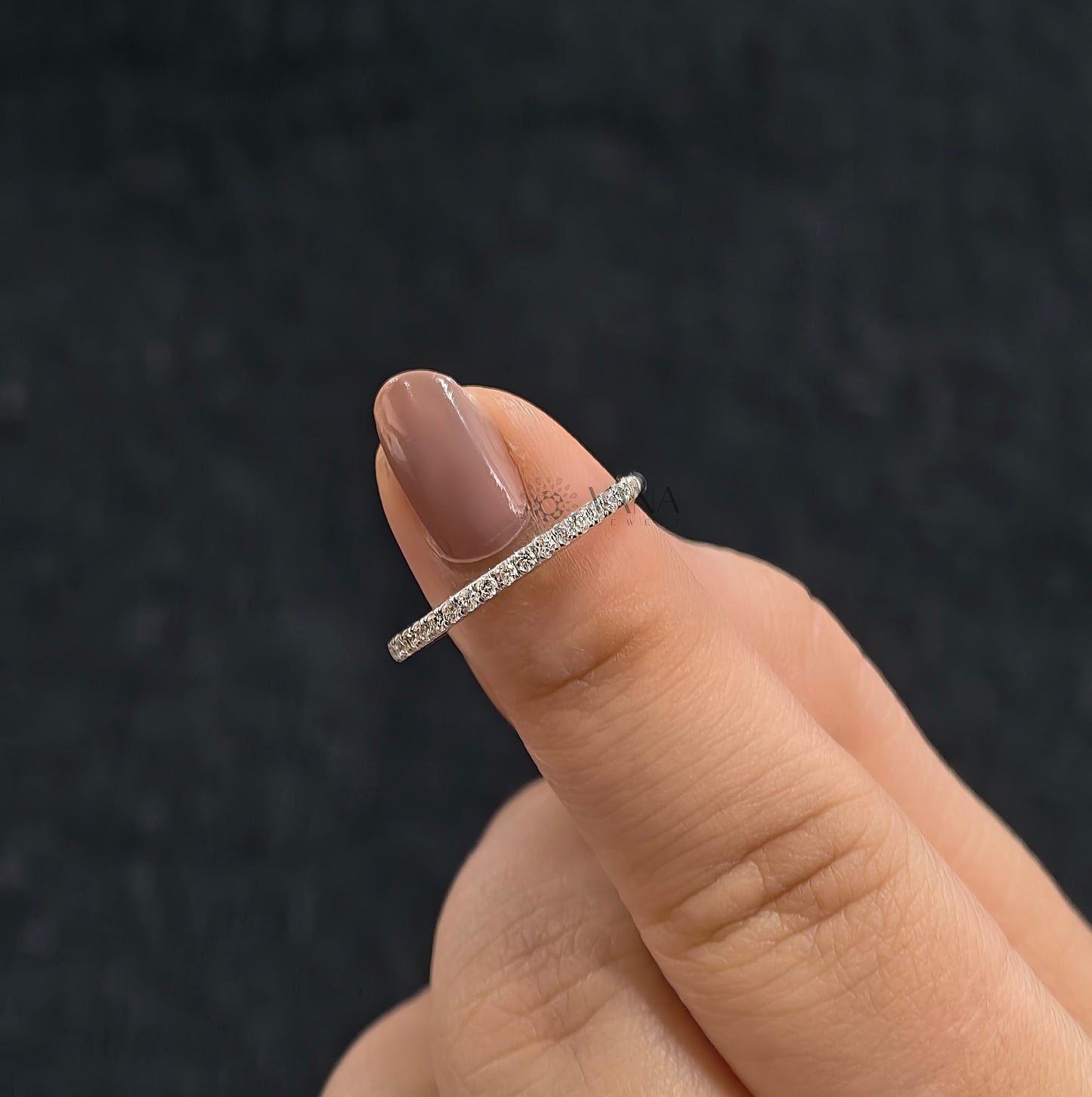Round Cut Moissanite Wedding Band, White Gold Stackable Pave Eternity Ring