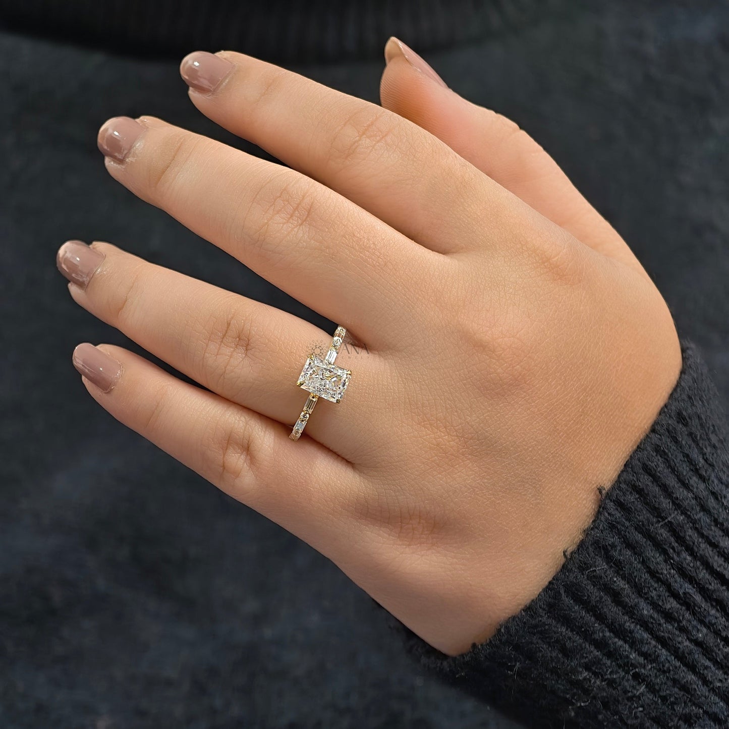 Radiant Cut Moissanite Engagement Ring with Baguette & Round Side Stones