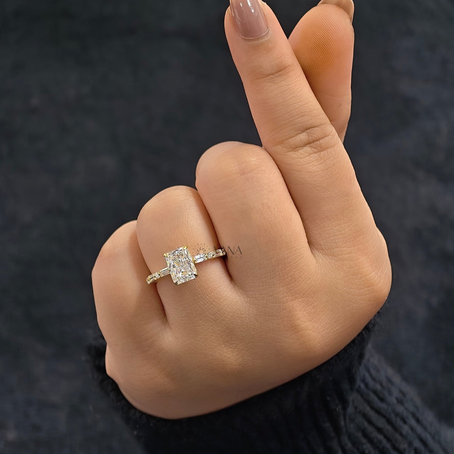 Radiant Cut Moissanite Engagement Ring with Baguette & Round Side Stones