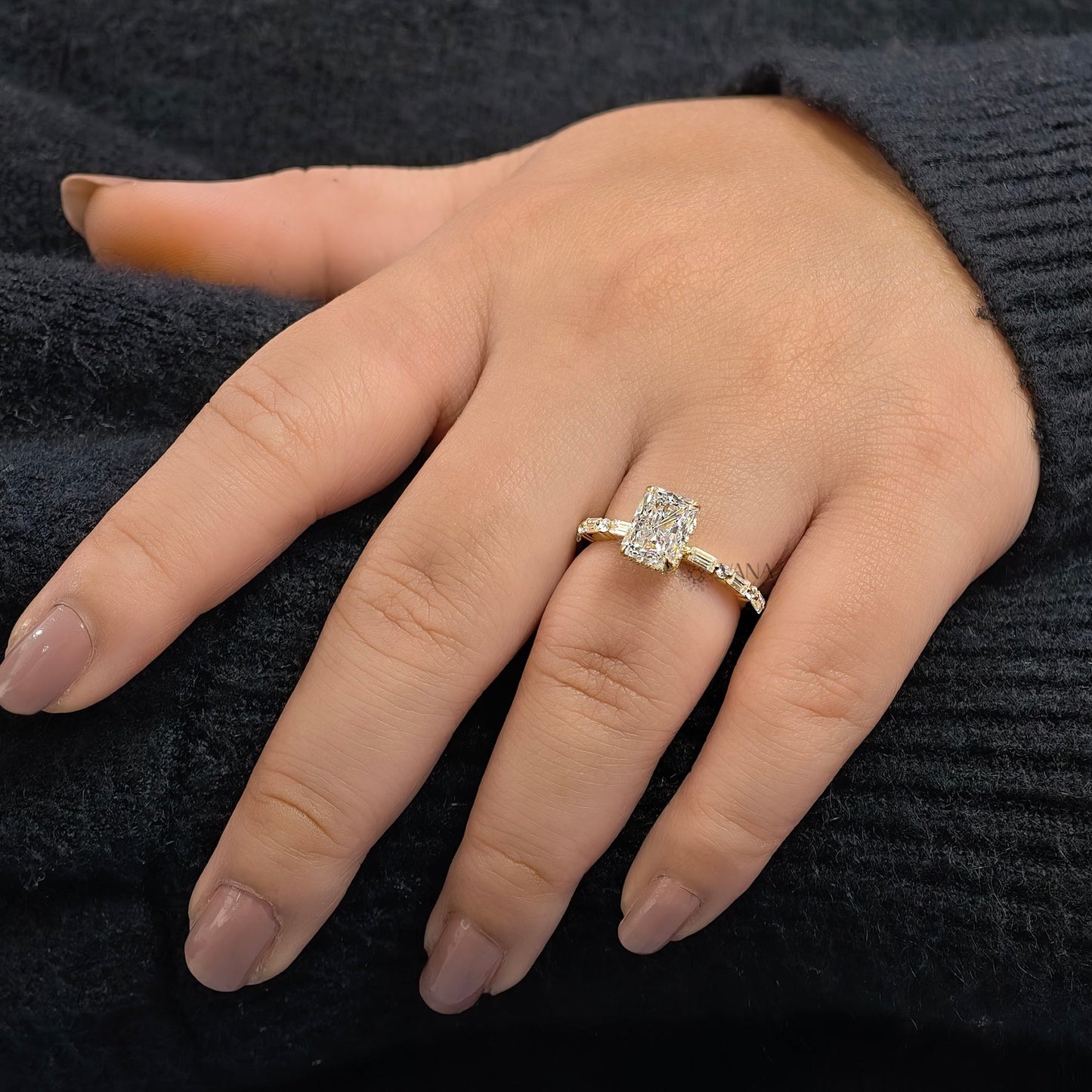Radiant Cut Moissanite Engagement Ring with Baguette & Round Side Stones