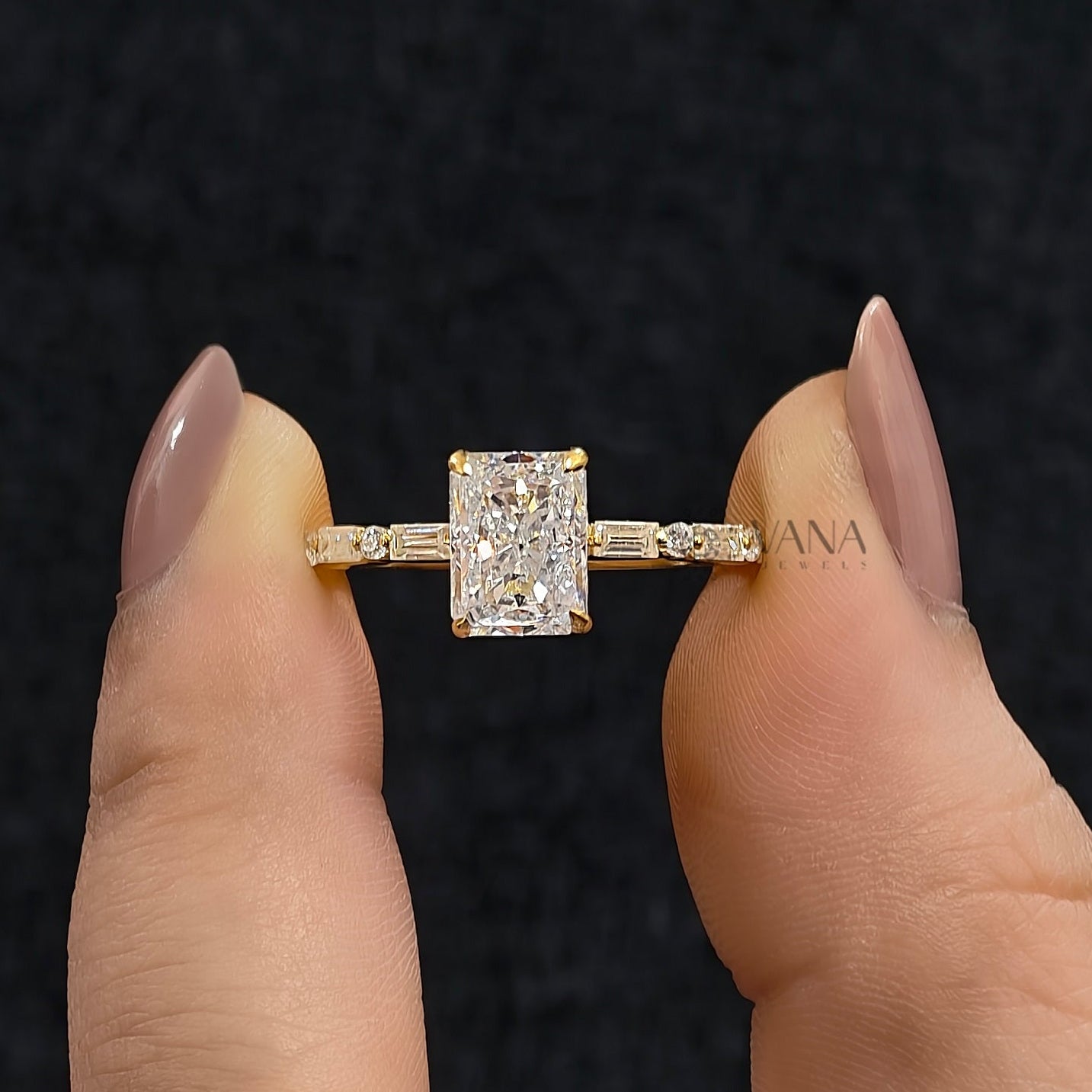 Radiant Cut Moissanite Engagement Ring with Baguette & Round Side Stones