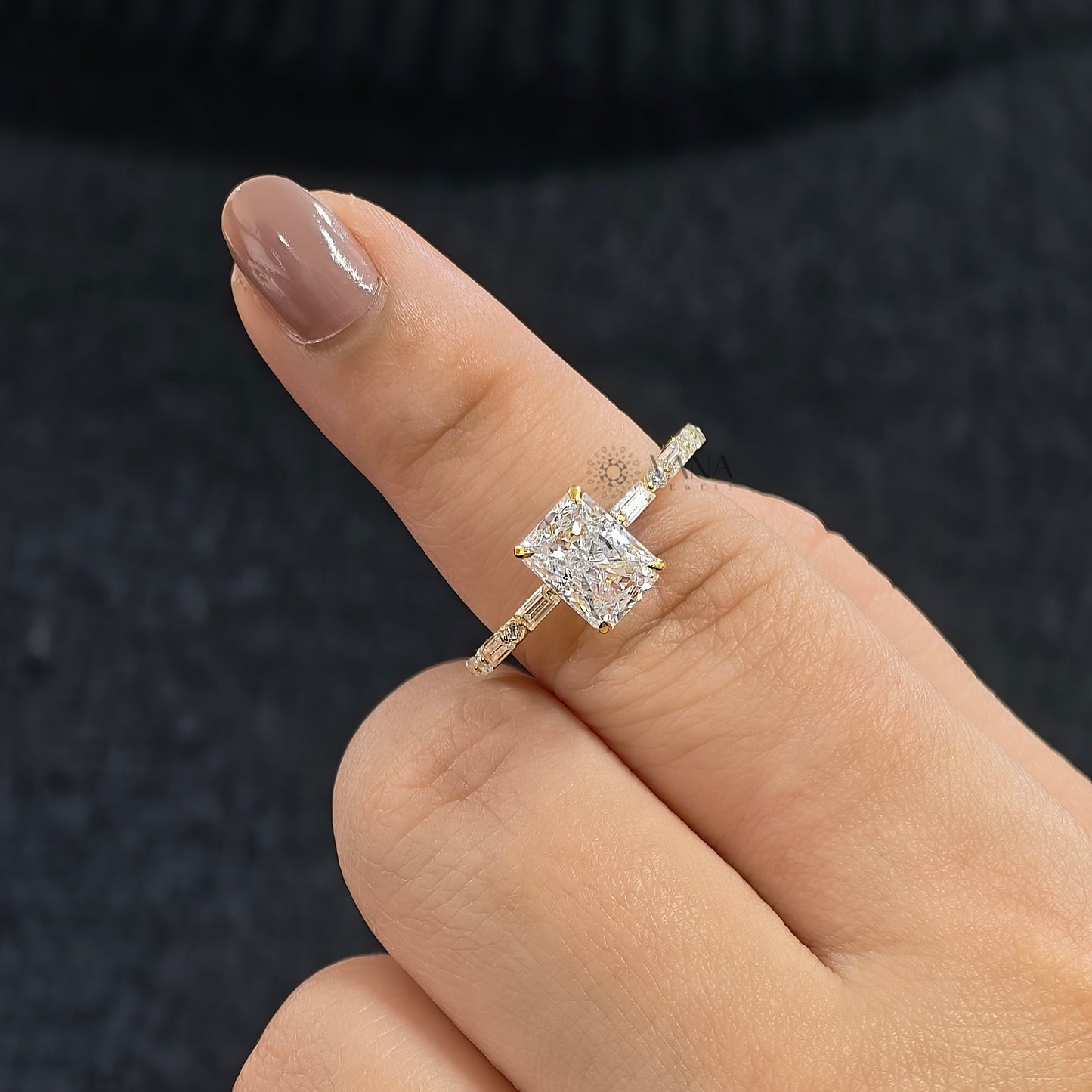 Radiant Cut Moissanite Engagement Ring with Baguette & Round Side Stones
