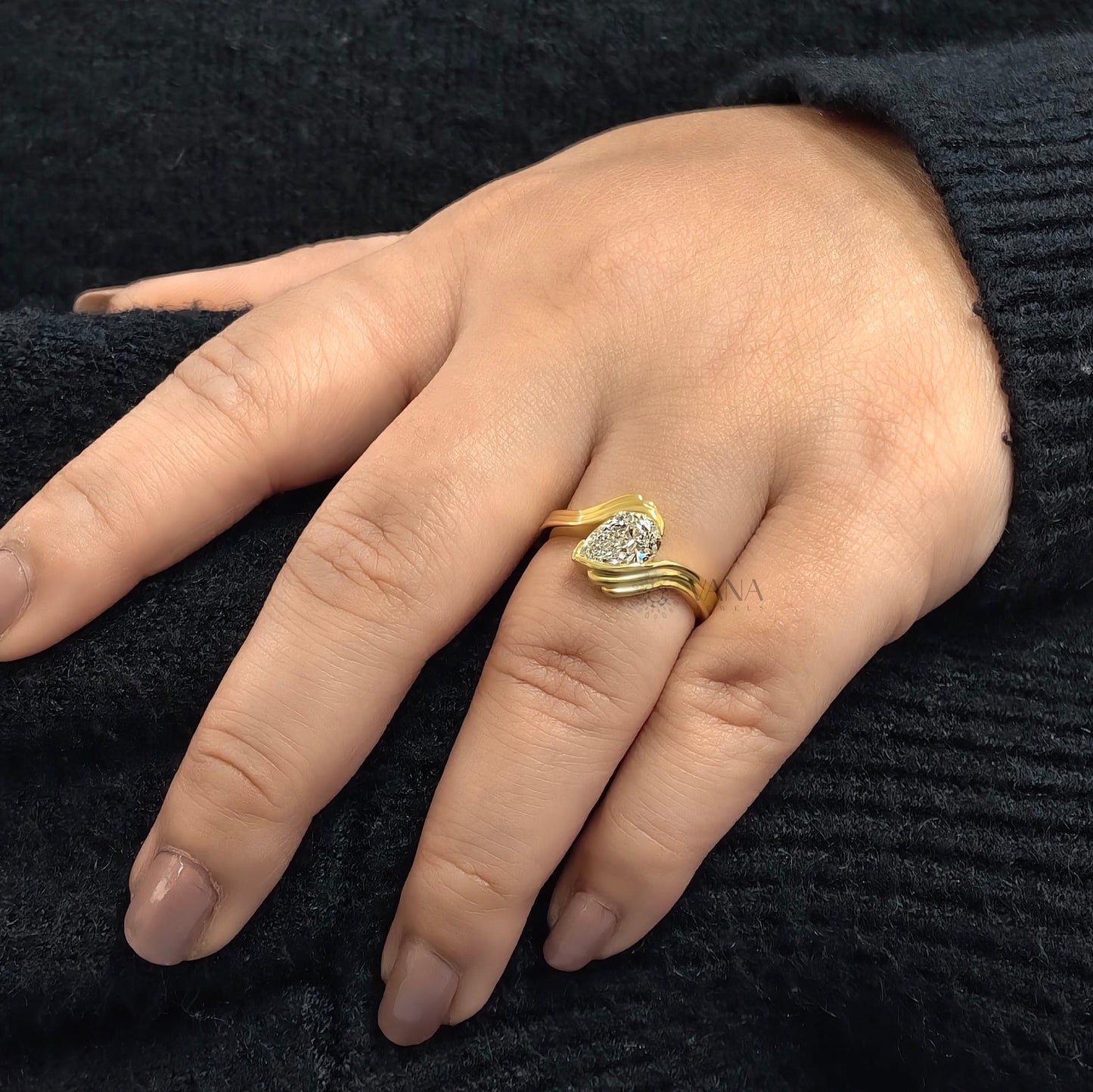 Pear Cut Moissanite Solitaire Engagement Ring with Half Bezel Set Bypass Shank