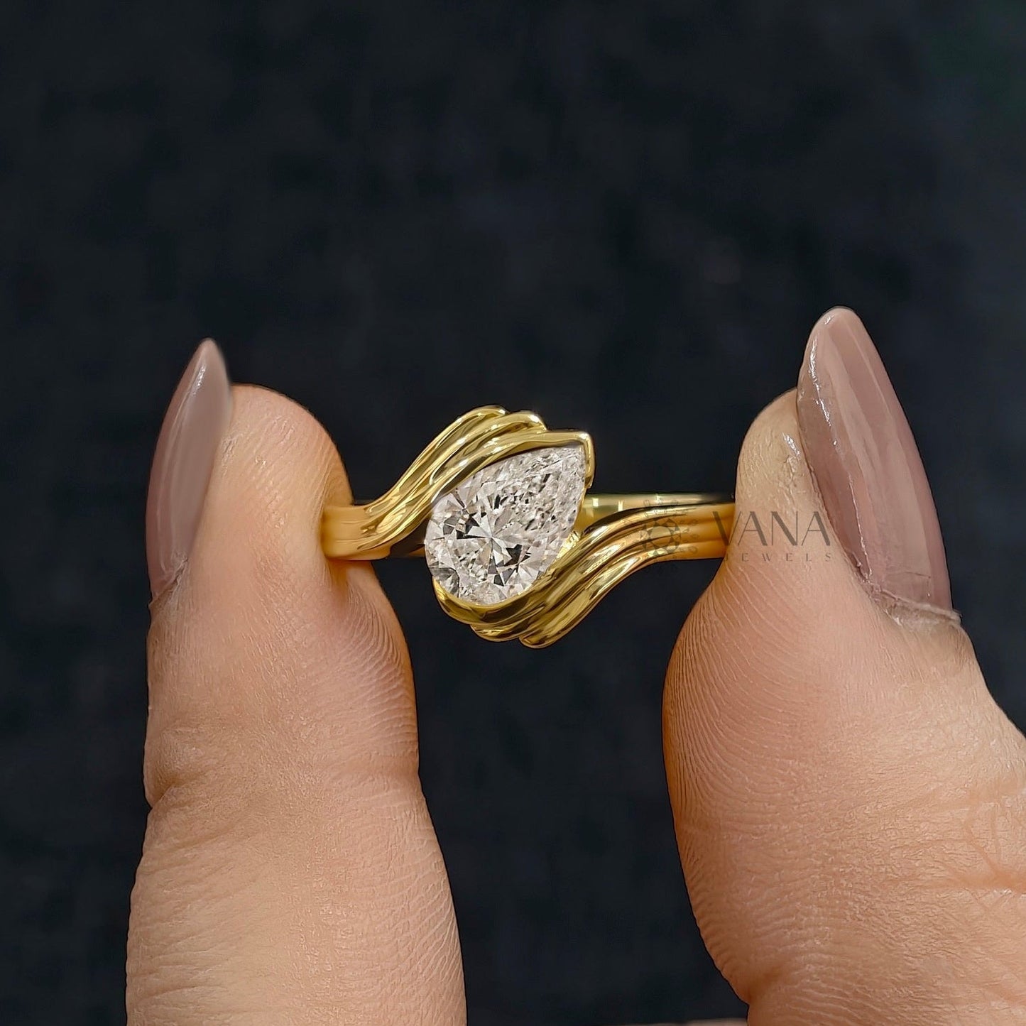 Pear Cut Moissanite Solitaire Engagement Ring with Half Bezel Set Bypass Shank