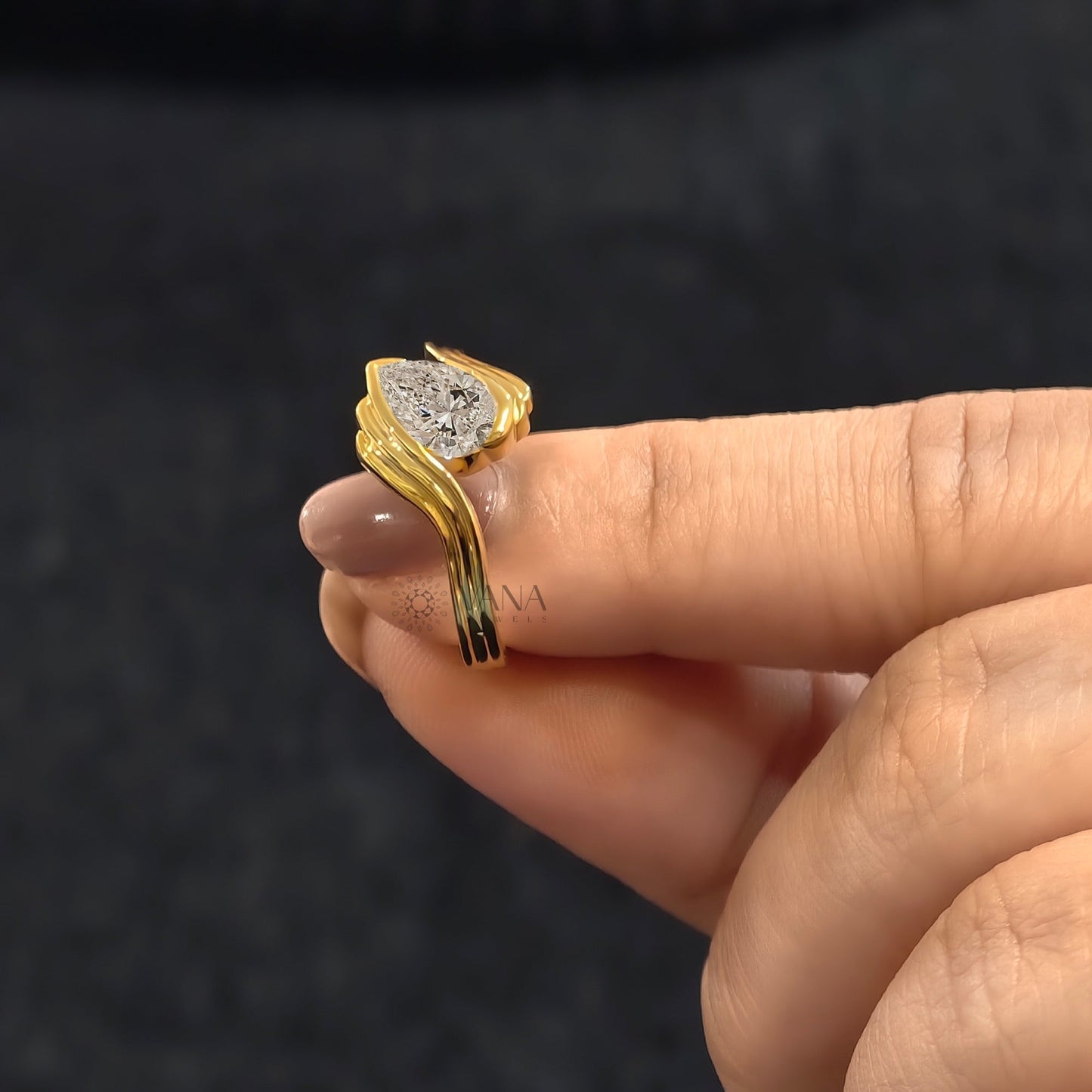 Pear Cut Moissanite Solitaire Engagement Ring with Half Bezel Set Bypass Shank