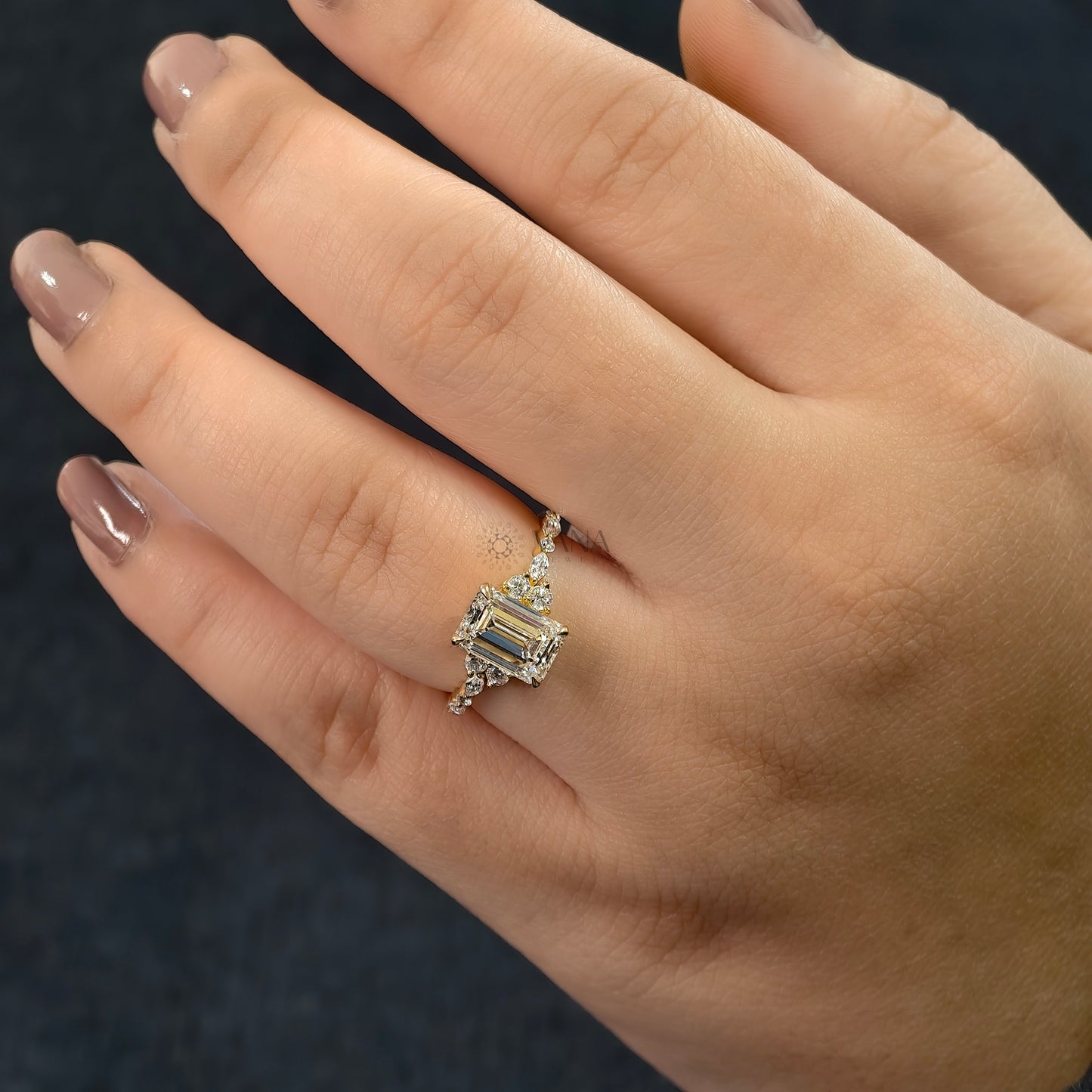 Emerald Cut Moissanite Engagement Ring with Marquise and Round Side Stones