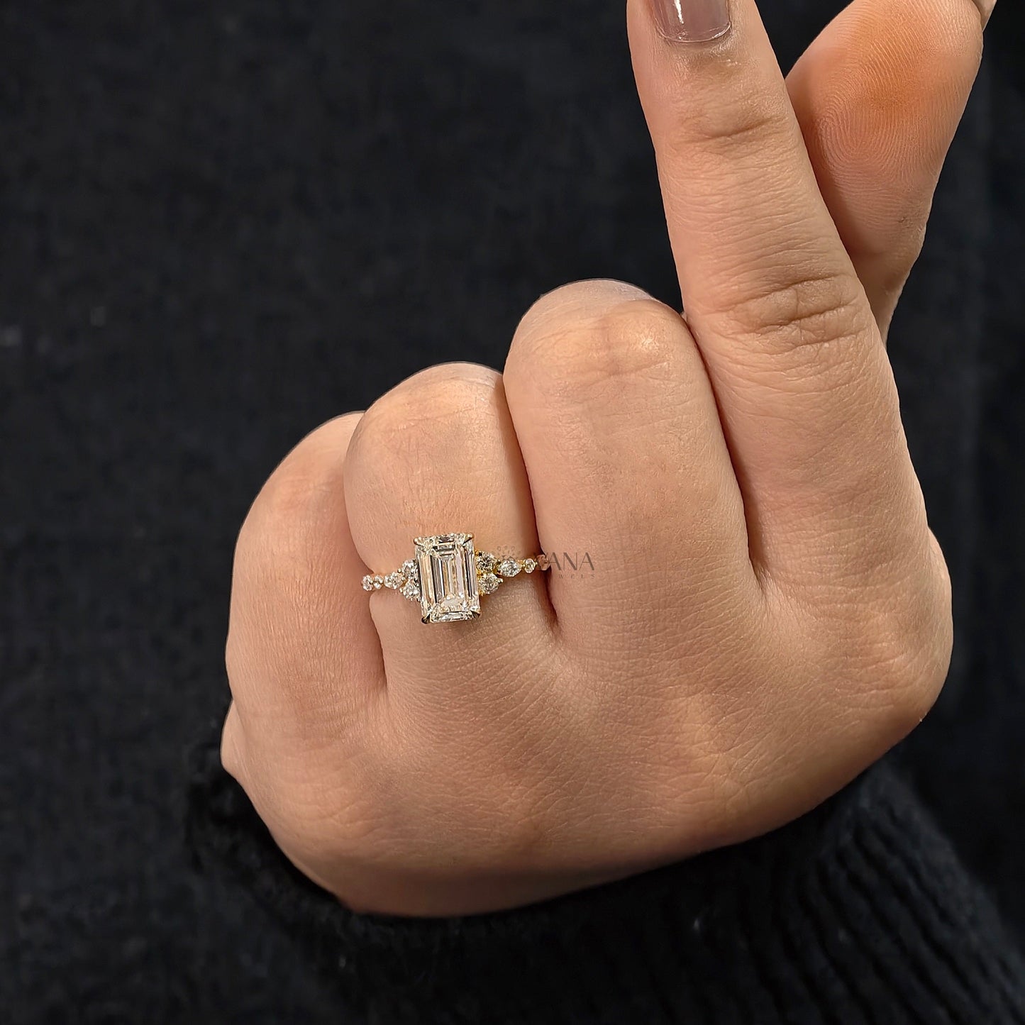 Emerald Cut Moissanite Engagement Ring with Marquise and Round Side Stones