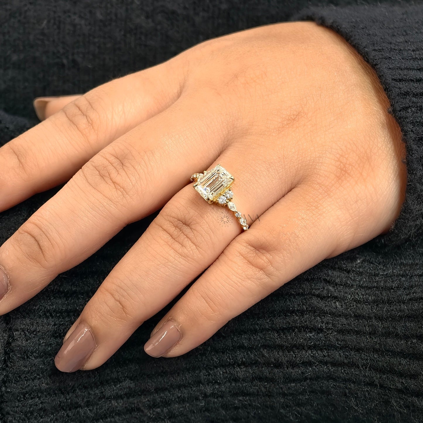 Emerald Cut Moissanite Engagement Ring with Marquise and Round Side Stones