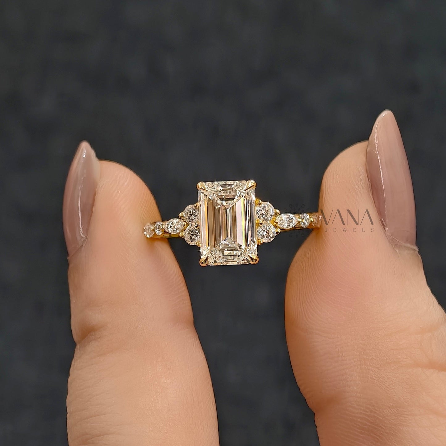 Emerald Cut Moissanite Engagement Ring with Marquise and Round Side Stones