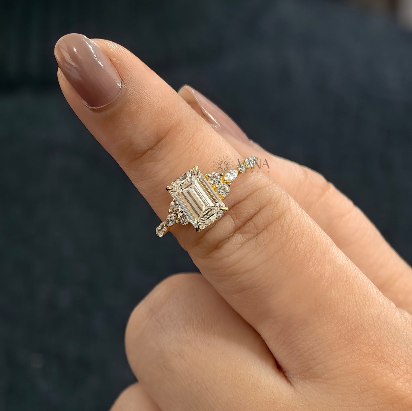 Emerald Cut Moissanite Engagement Ring with Marquise and Round Side Stones