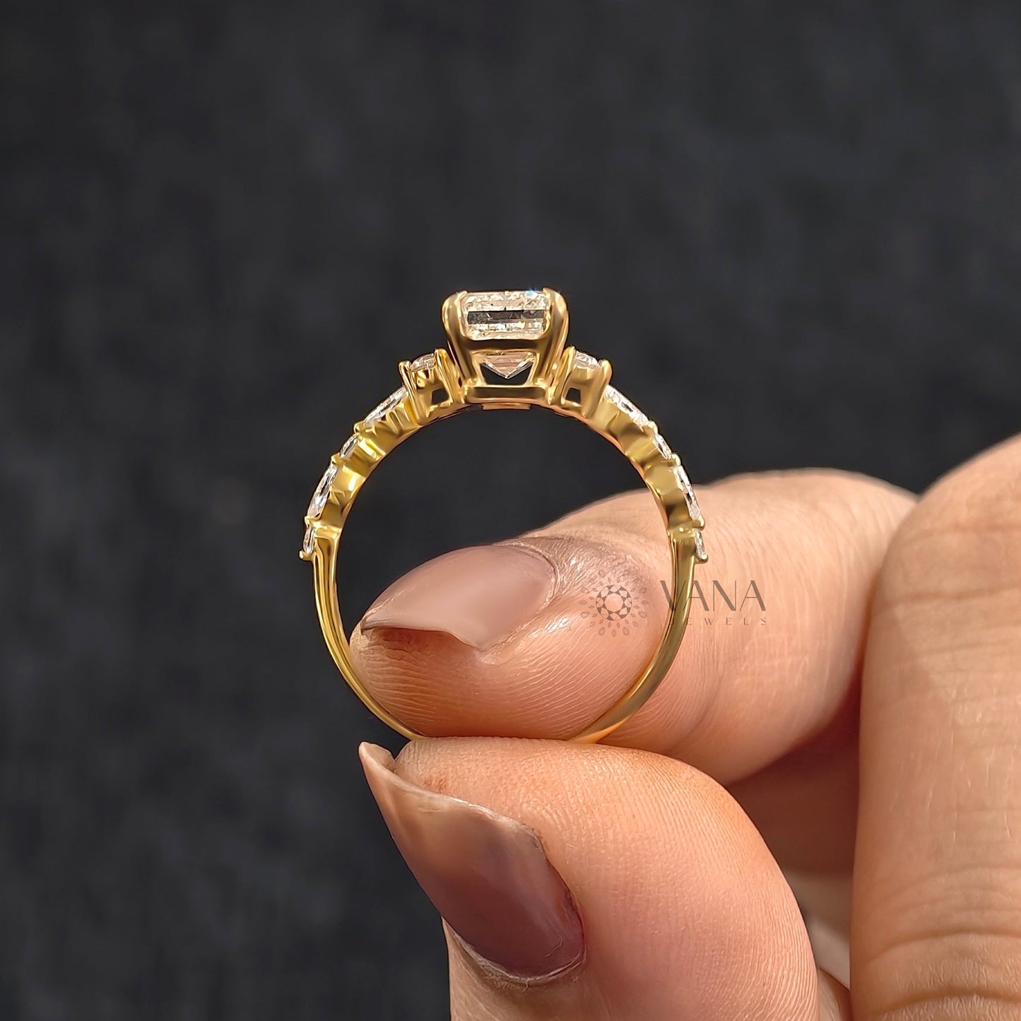 Emerald Cut Moissanite Engagement Ring with Marquise and Round Side Stones