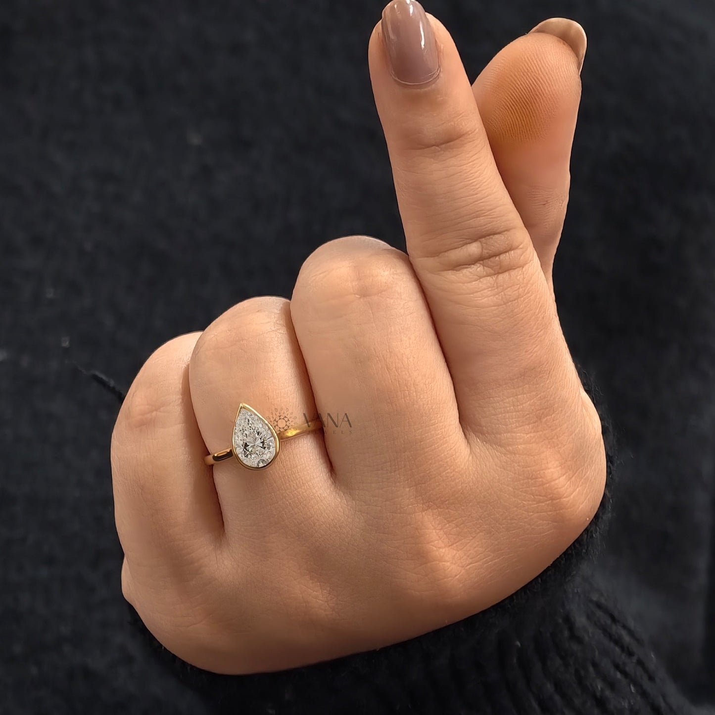 Bezel Set Pear Cut Moissanite Solitaire Engagement Ring with Cathedral Setting