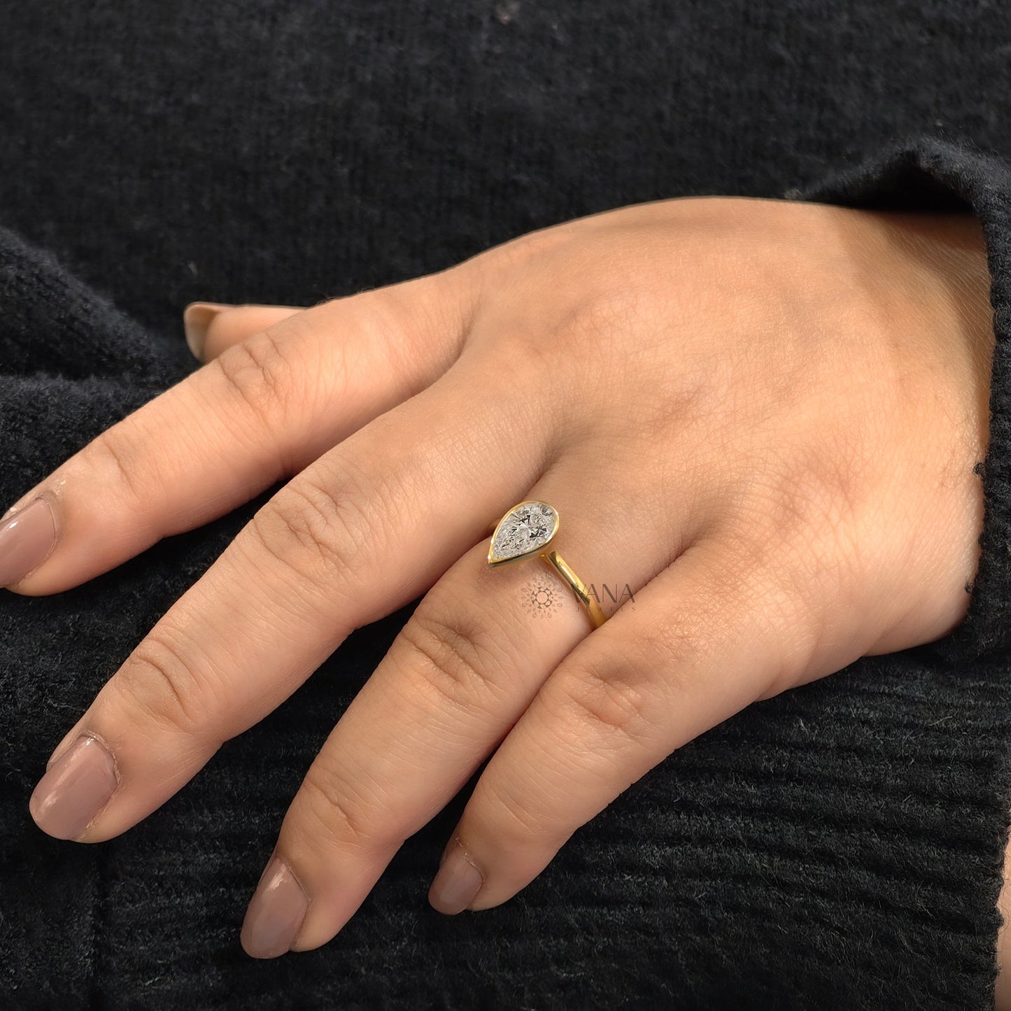 Bezel Set Pear Cut Moissanite Solitaire Engagement Ring with Cathedral Setting