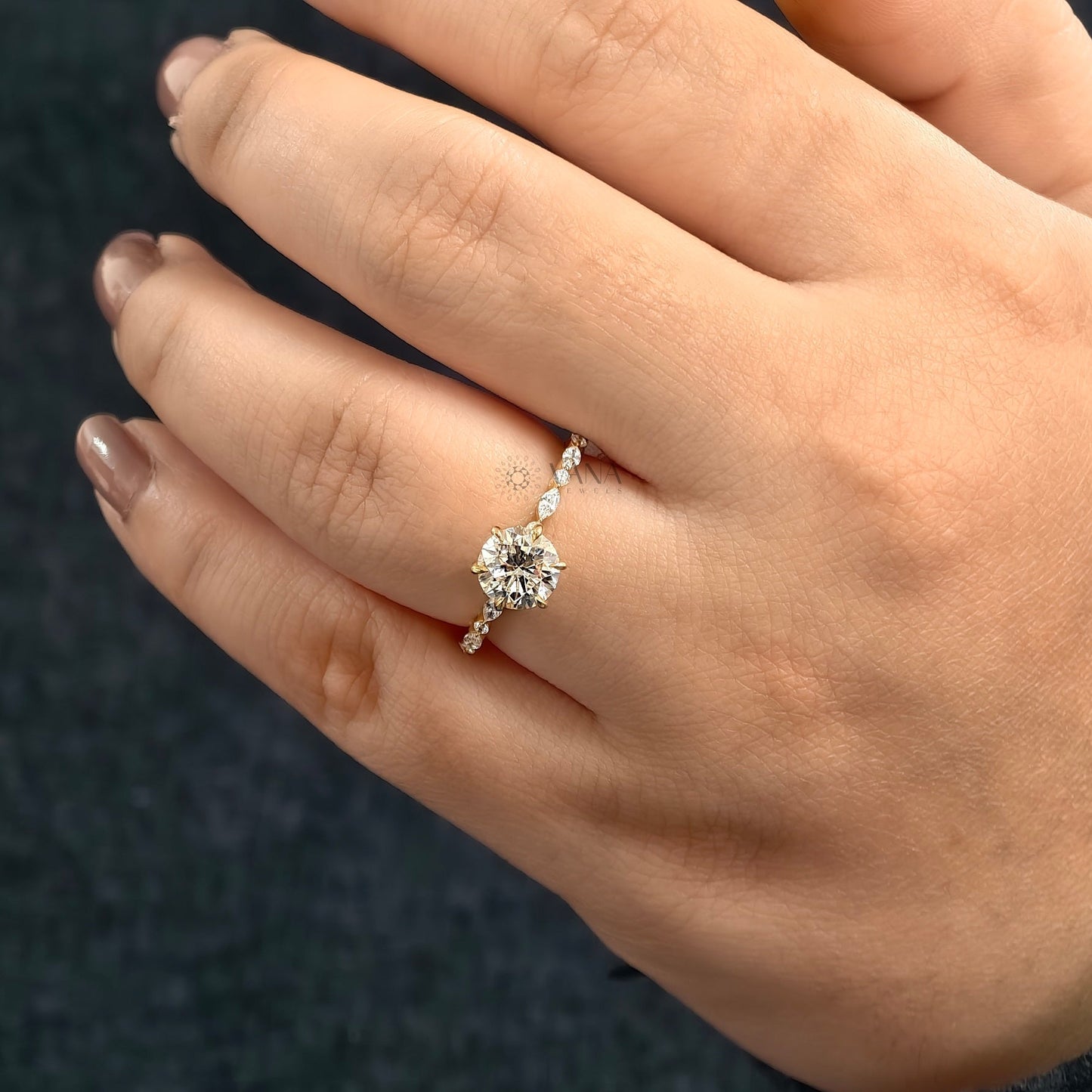 Six Claw Prong Set Round Moissanite Engagement Ring with Marquise and Round Side Stones