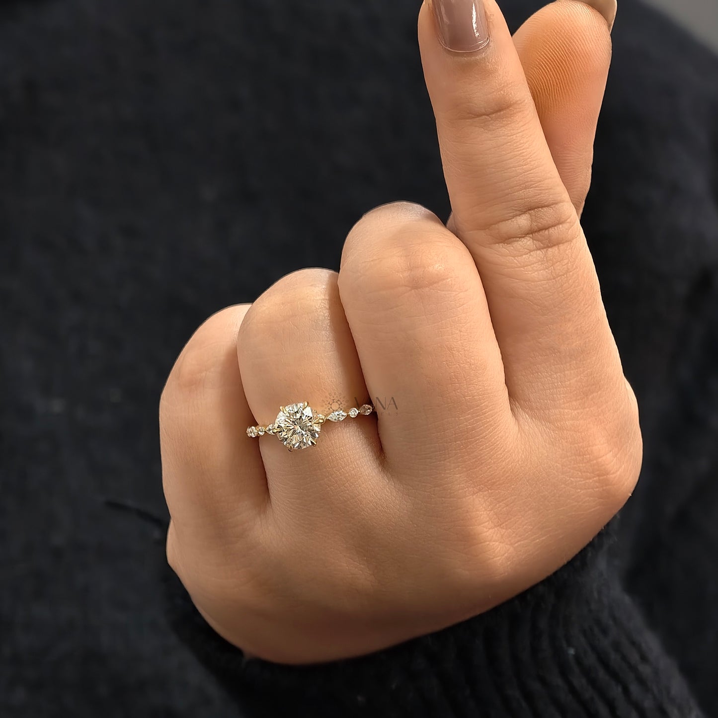 Six Claw Prong Set Round Moissanite Engagement Ring with Marquise and Round Side Stones