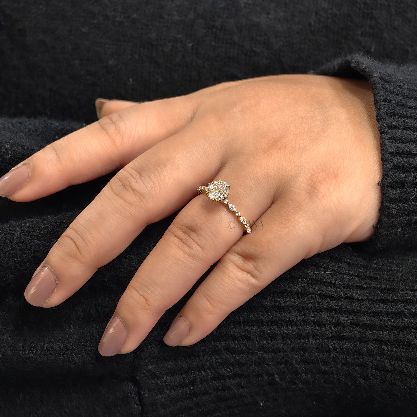 Six Claw Prong Set Round Moissanite Engagement Ring with Marquise and Round Side Stones