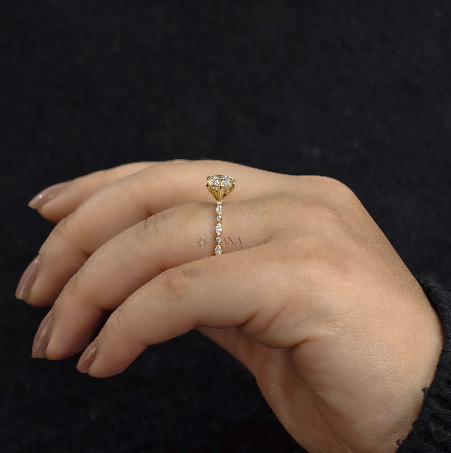 Six Claw Prong Set Round Moissanite Engagement Ring with Marquise and Round Side Stones